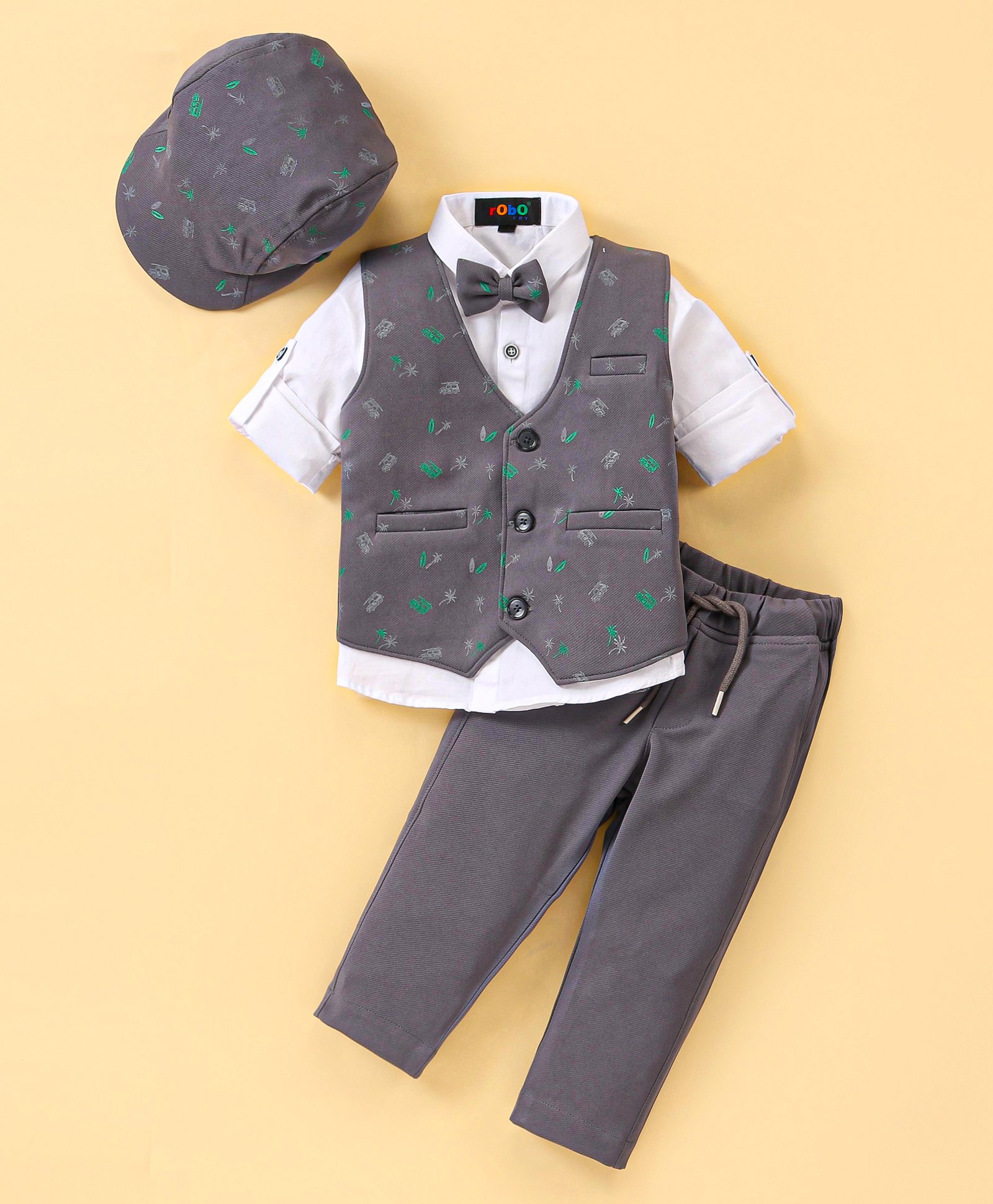 Robo Fry Cotton Knit Full Sleeves Party Suit with Cap & Bow - Grey-picture-33