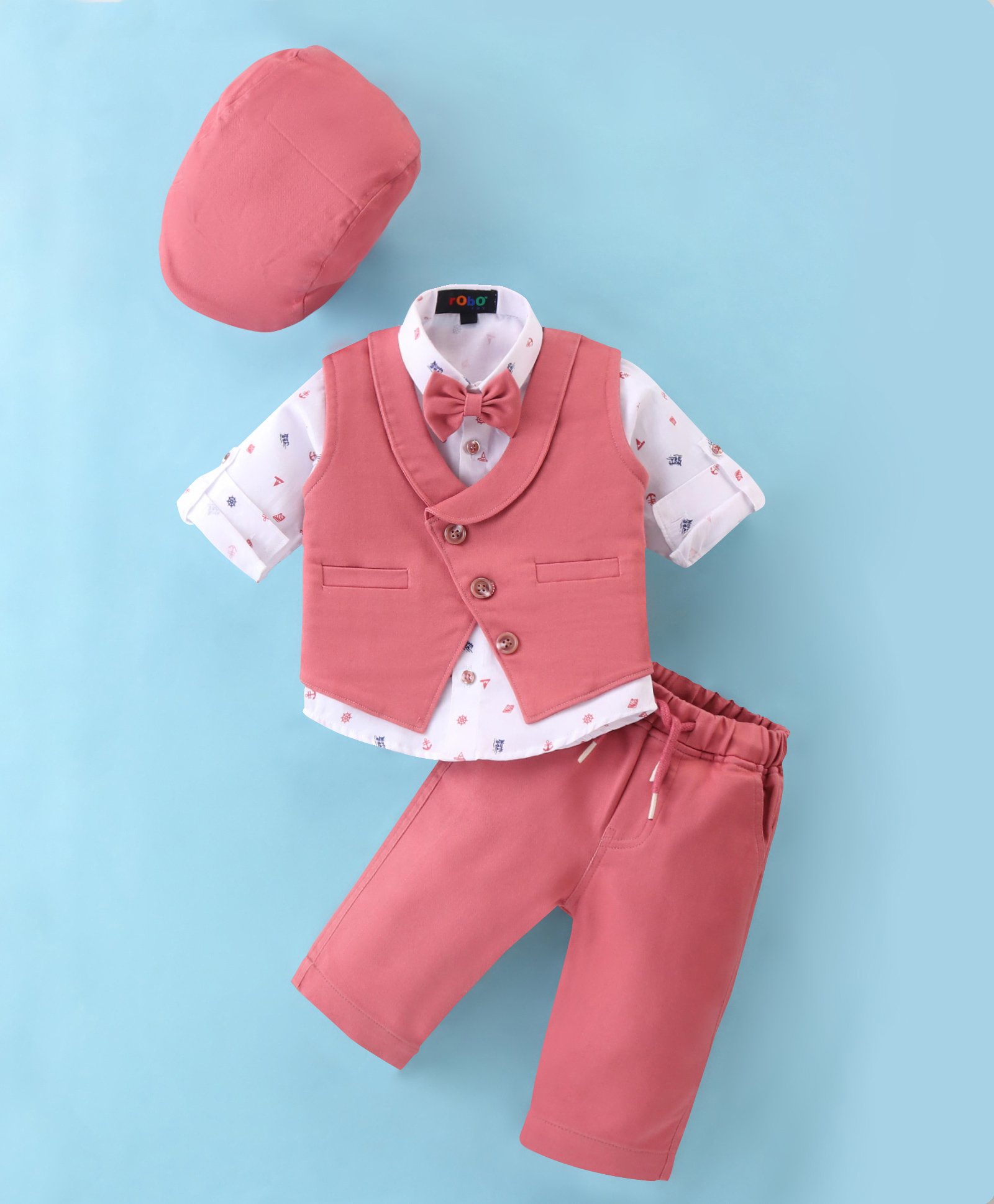 Robo Fry  Cotton Knit  Full Sleeves Party Suit with Hat & Bow Sailor Theme Print  -  Peach-picture-18