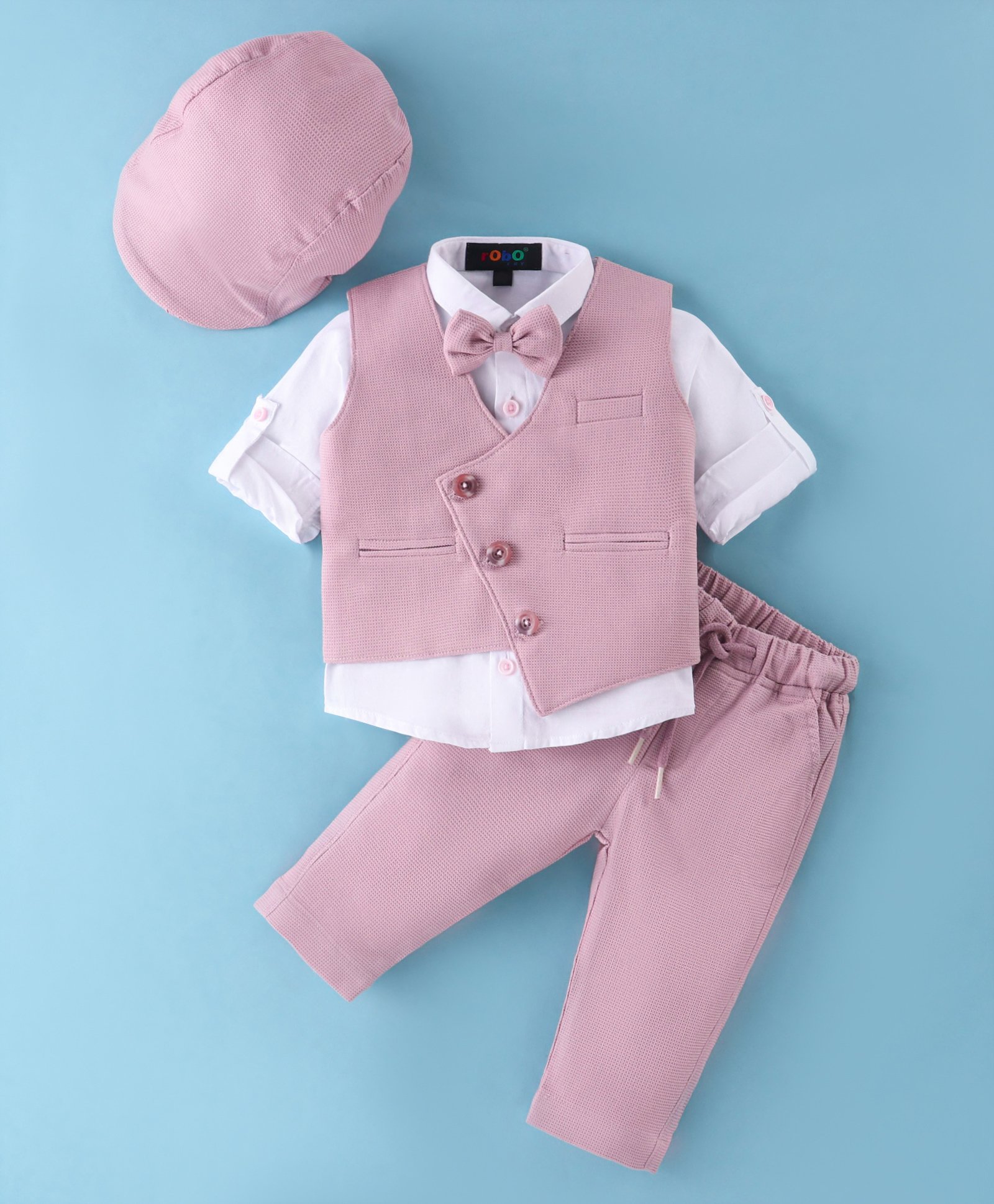 Robo Fry Cotton Knit Full Sleeves  Party Suit with Hat & Bow Solid Colour- Pink-picture-20