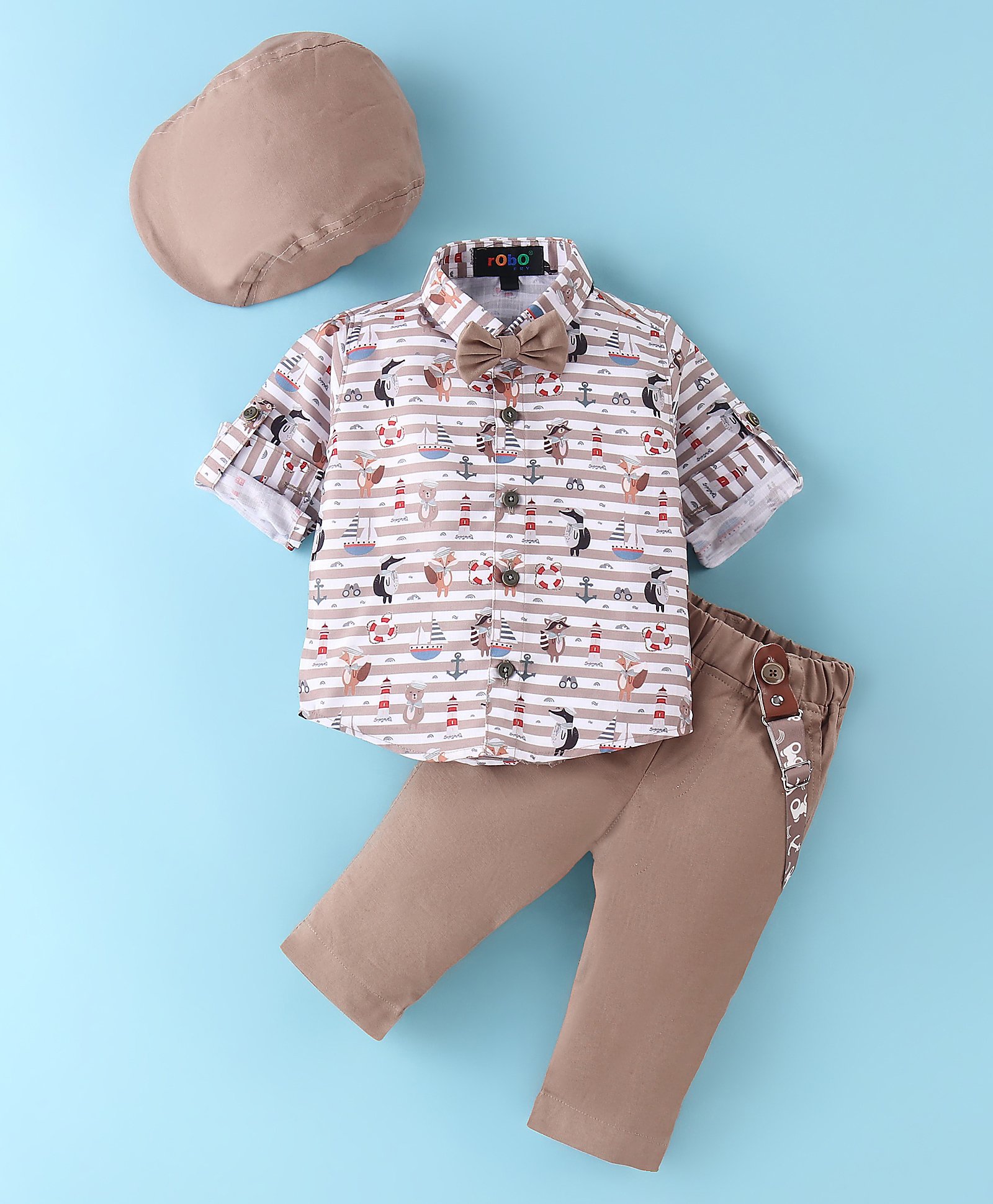 Robo Fry Cotton Knit Full Sleeves Anchor Print Shirt & Trouser Set with Hat Suspender & Bow - Beige-picture-27