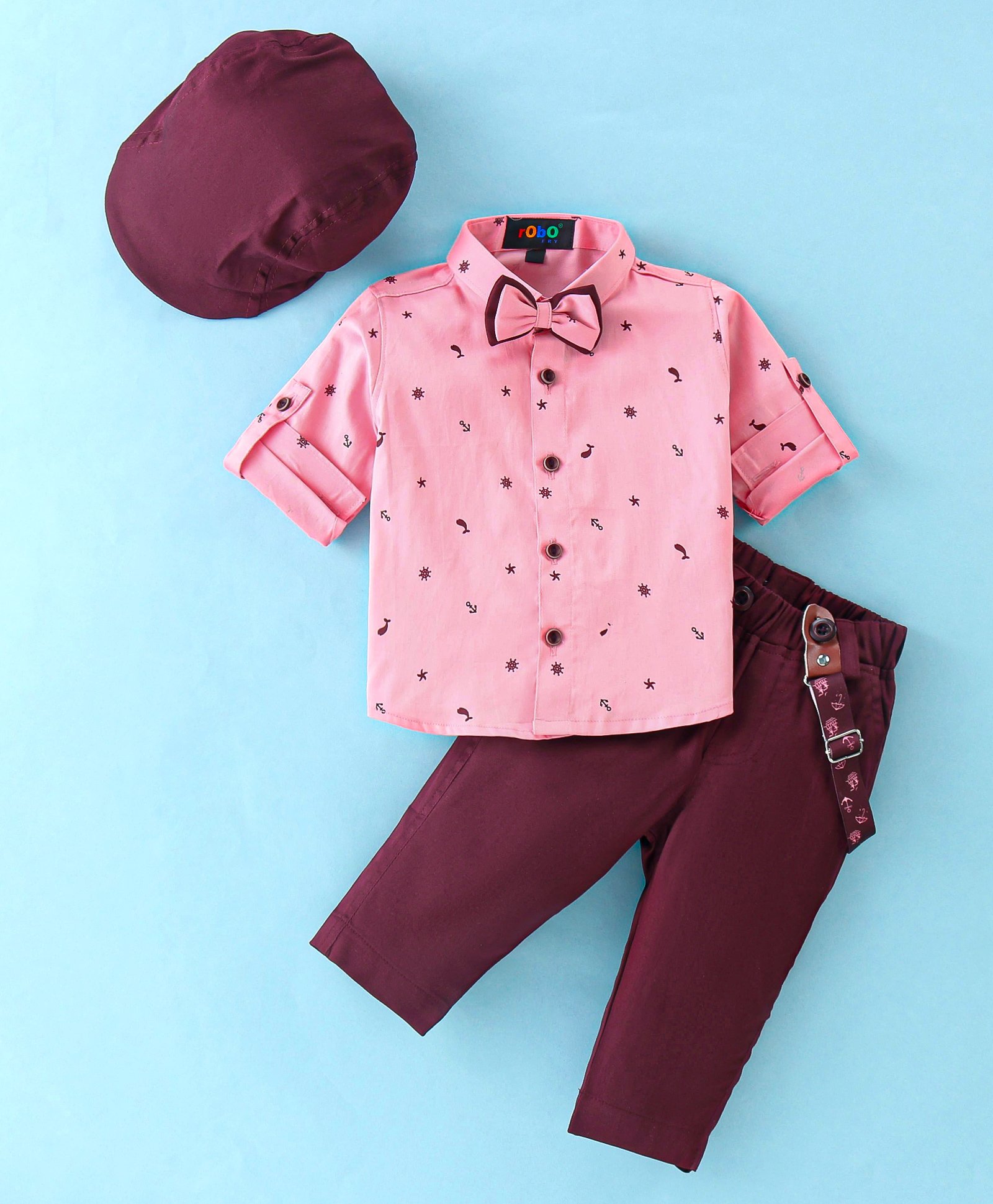 Robo Fry Cotton Knit Full Sleeves Anchor Print Shirt & Trouser Set with Hat Suspender  & Bow - Peach-picture-35