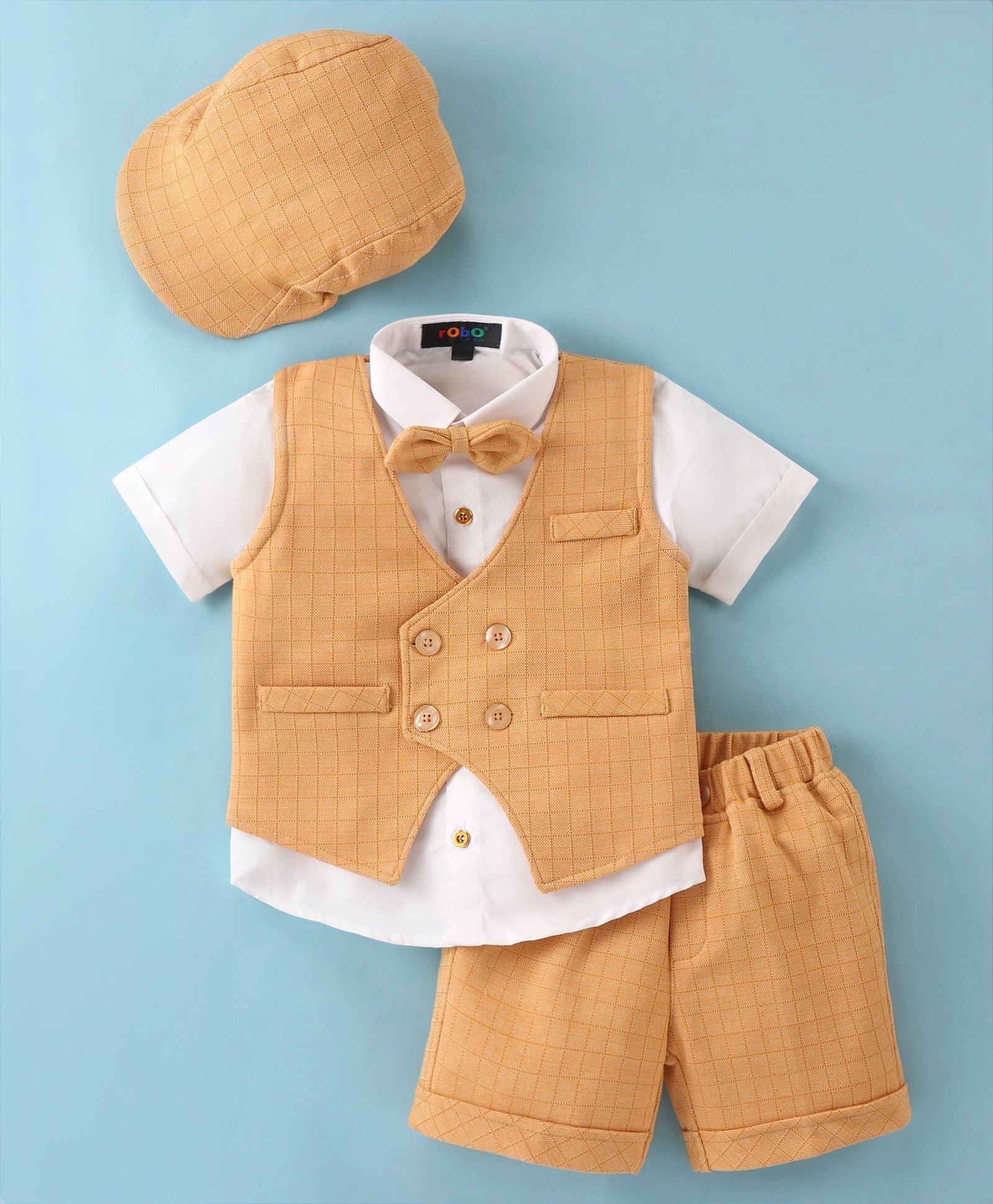 Robo Fry Half Sleeves Shirt & Shorts Set with Checked Waistcoat Bow & Hat - Yellow-image-7