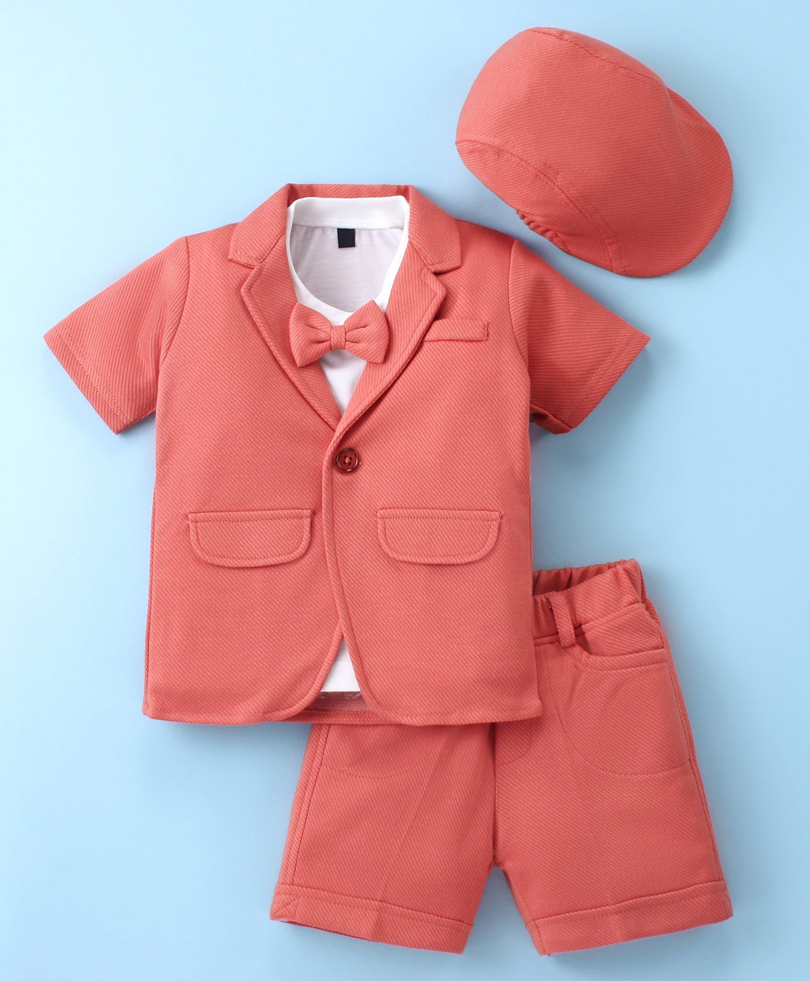 Robo Fry Half Sleeves T-Shirt & Bottom Set with Cap & Bow Applique - Onion Red-image-46