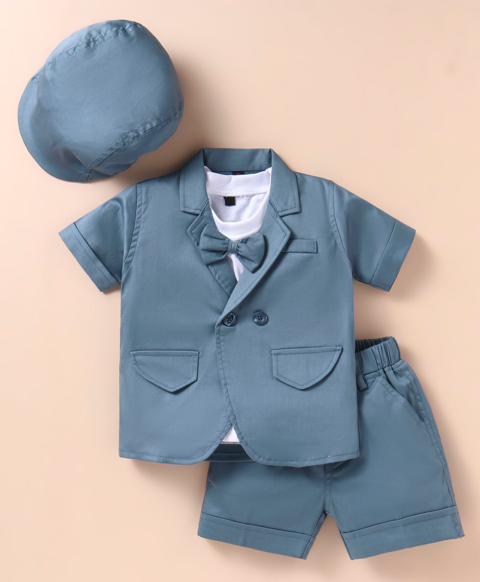 Robo Fry Knit Half Sleeves T-Shirt & Shorts Set with Hat Attached Bow & Blazer - Charcoal Grey-image-17