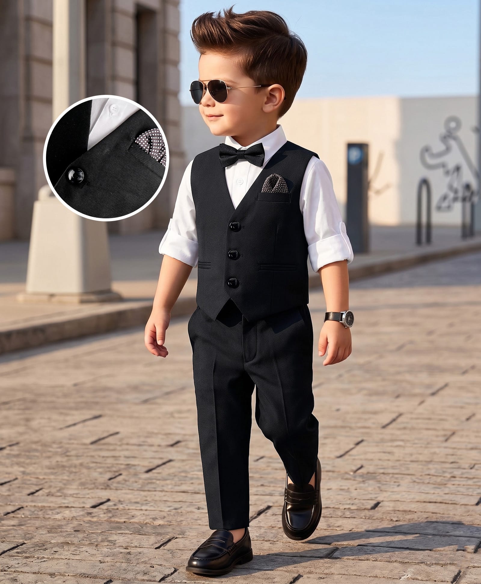 Robo Fry Cotton Full Sleeves Solid Color Party Suit with Bow  - Black-picture-19