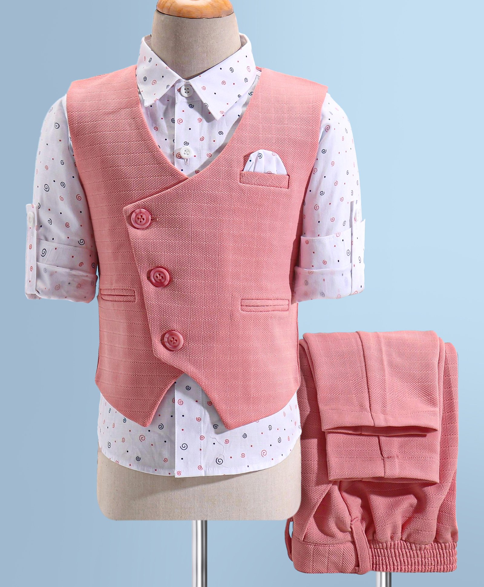 Robo Fry Cotton Woven Full Sleeves 3 Piece Printed Party Suit - Peach-picture-3