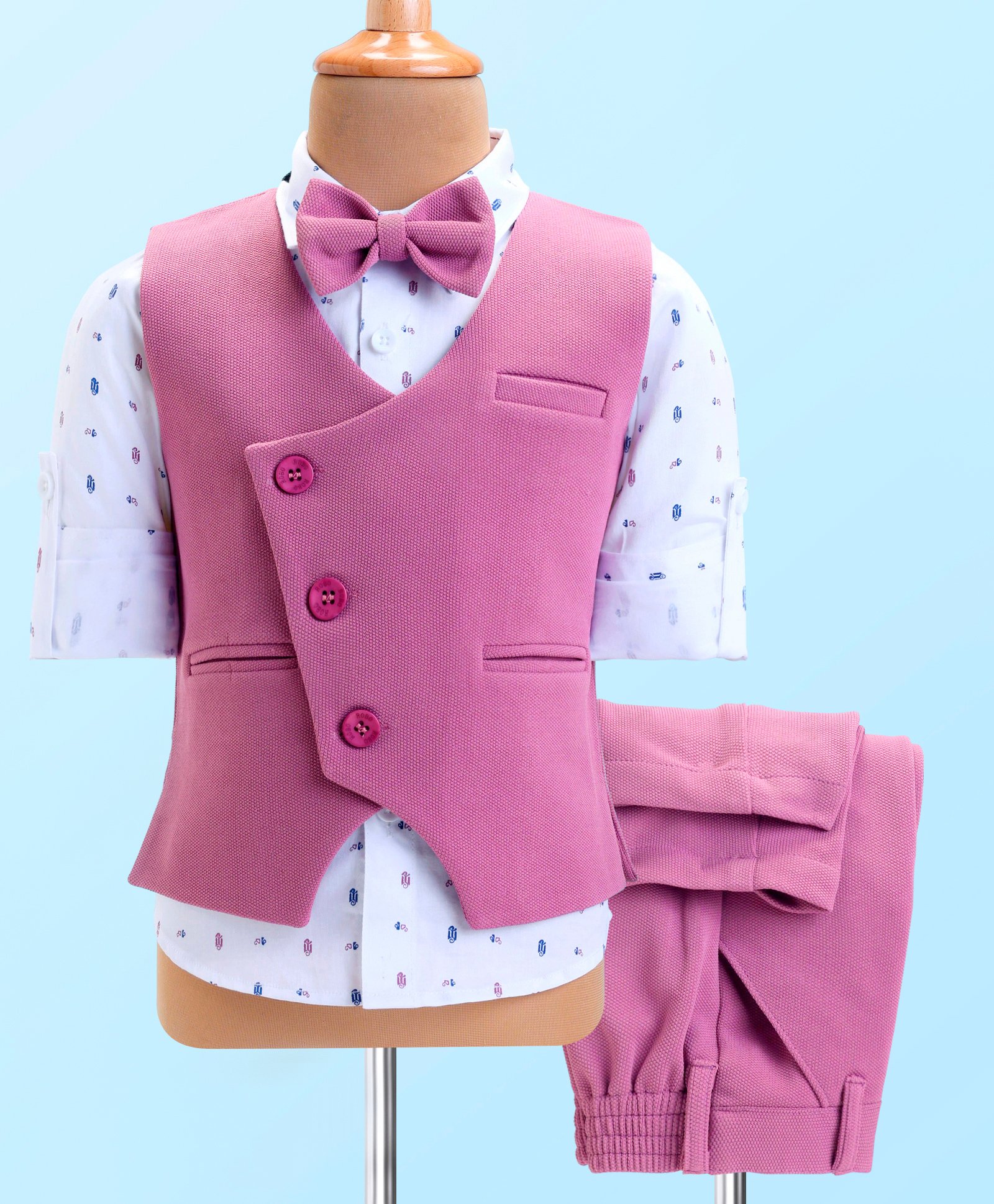 Robo Fry Cotton Woven Full Sleeves 3 Piece Printed Party Suit with Bow - Pink-picture-3