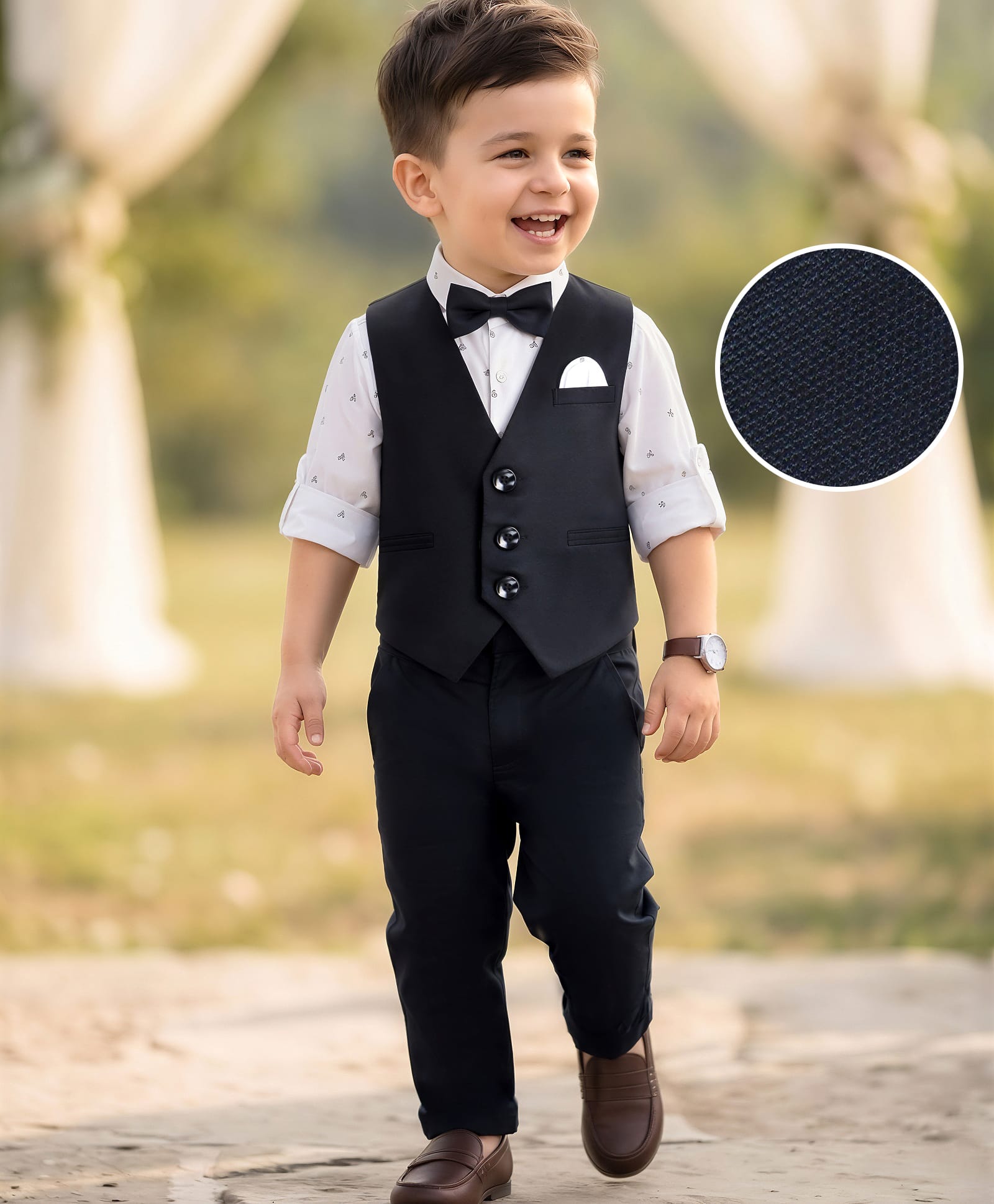 Robo Fry Cotton Woven Full Sleeves Printed Party Suit with Waist Coat & Bow - Blue-picture-12