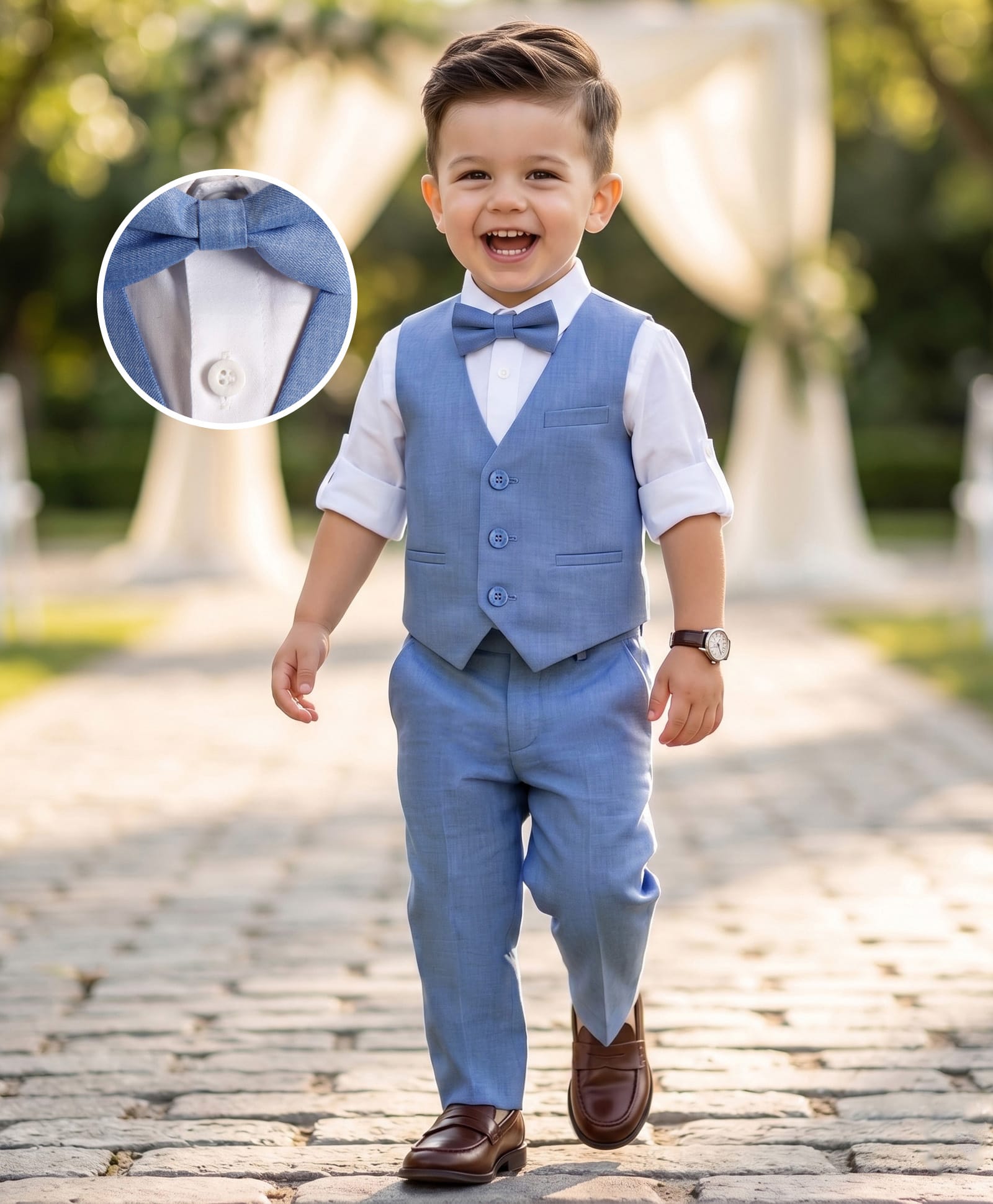 Robo Fry Cotton Woven Full Sleeves Party Suit with Bow & Waist Coat Solid Colour - Blue-picture-17