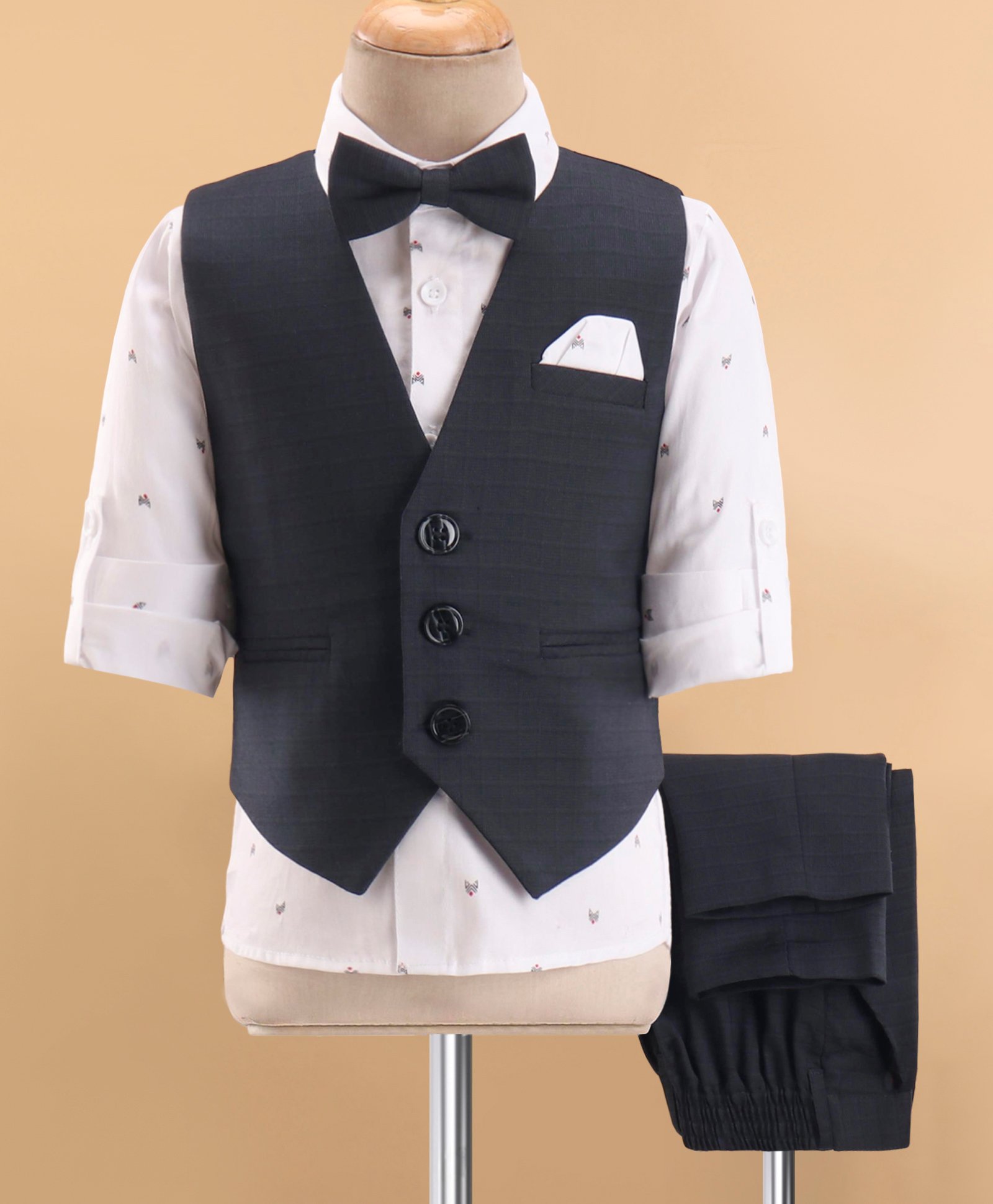 Robo Fry Cotton Full Sleeves Three Piece Solid Party Suit with Bow - Blue-picture-33