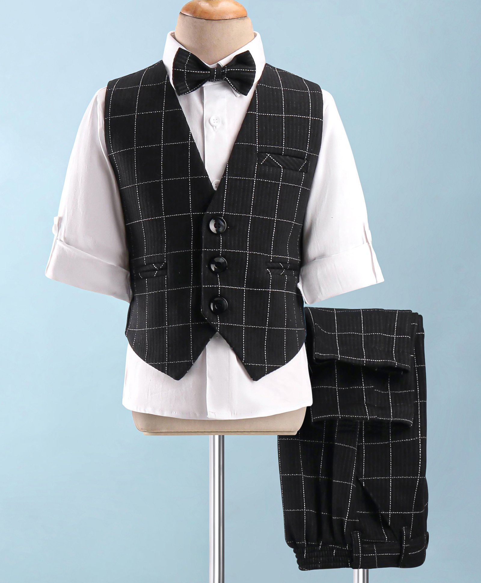 Robo Fry Cotton Full Sleeves Checked Party Suit with Bow  - Black-picture-9