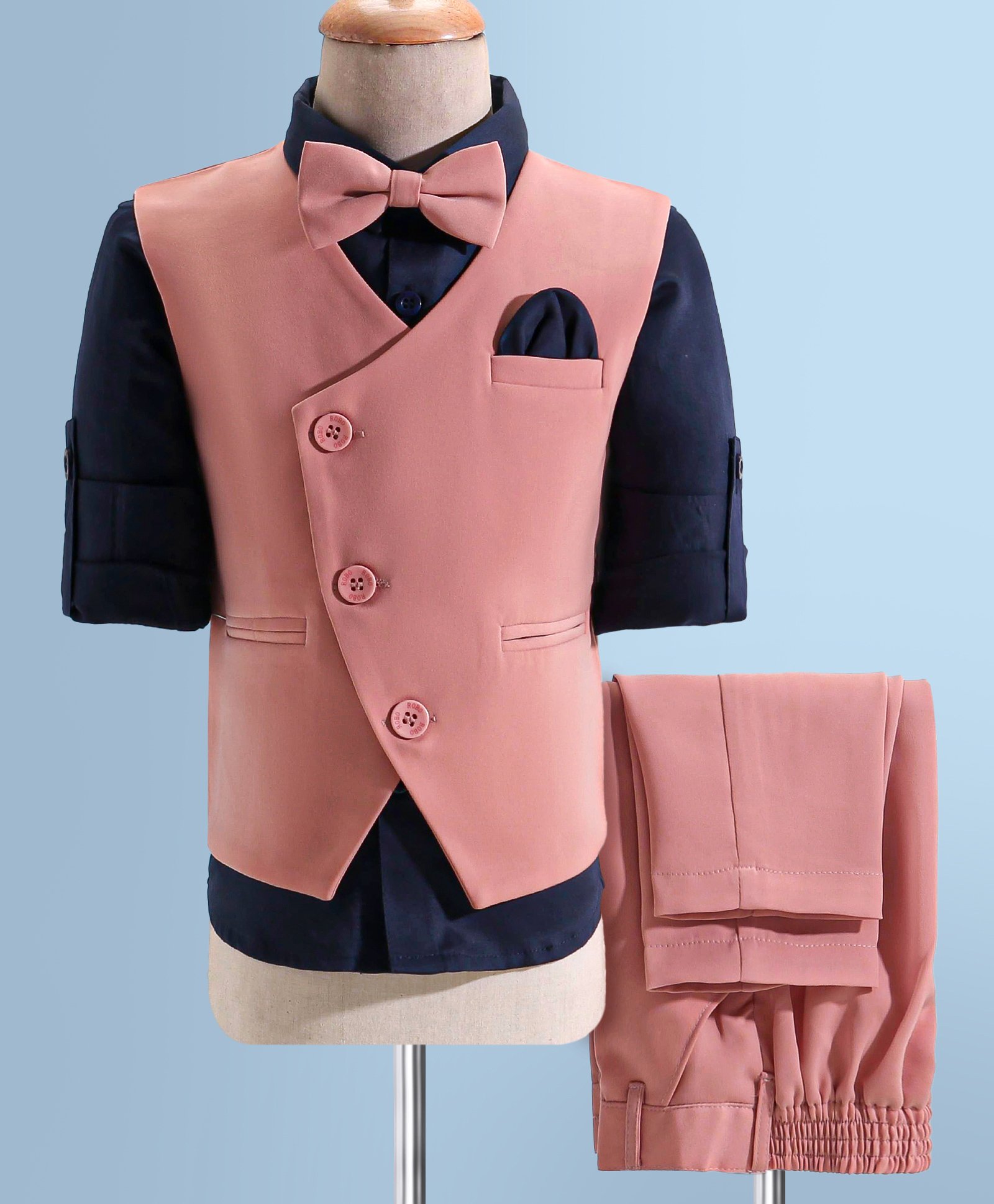 Robo Fry Cotton Woven Full Sleeves 3 Piece Solid Colour Party Suit with Bow - Peach-picture-34