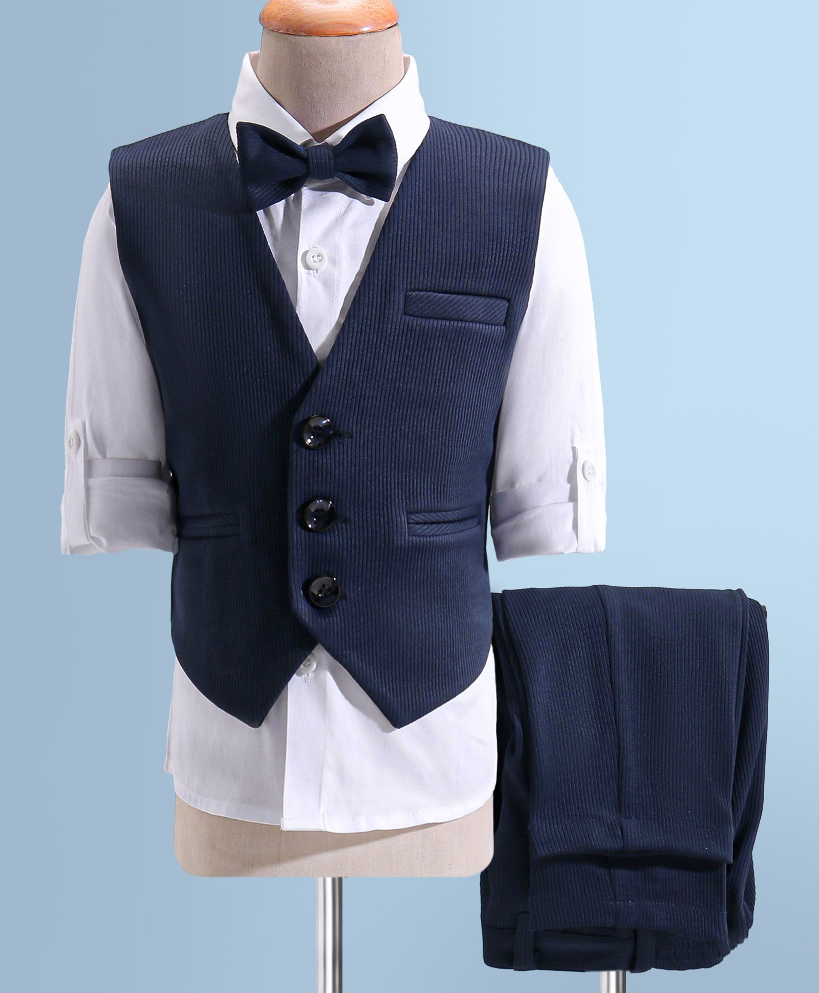 Robo Fry Cotton Woven Full Sleeves 3 Piece  Solid Colour Party Suit with Bow - Blue-picture-37