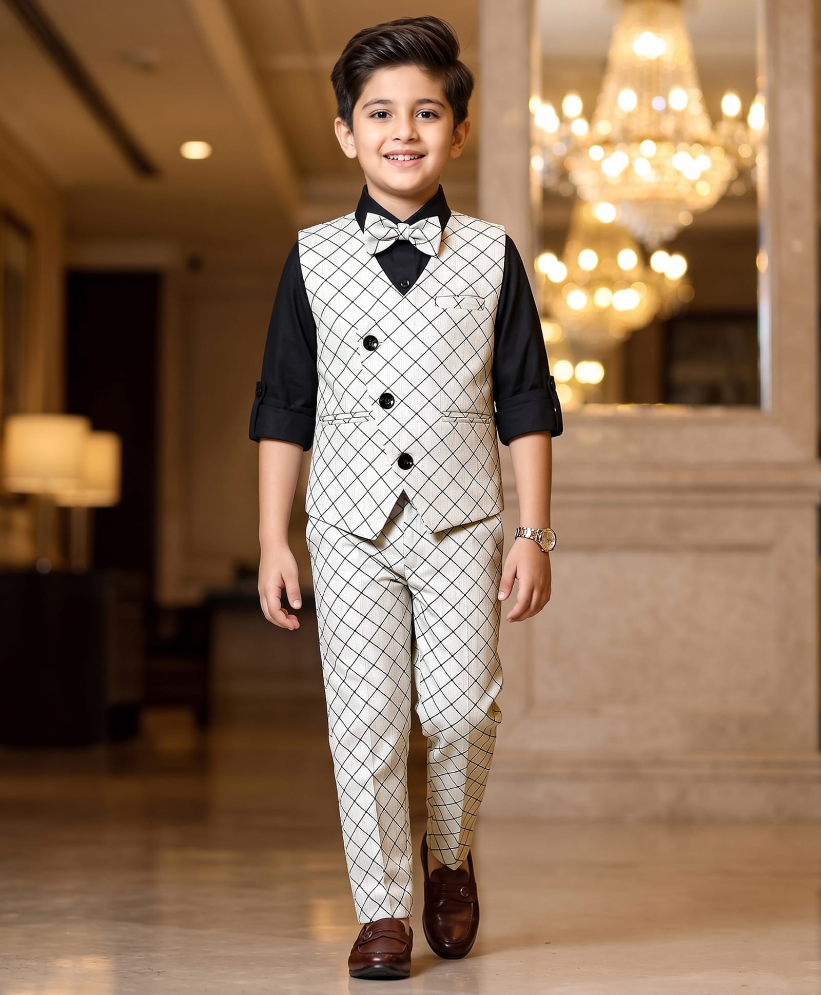 Robo Fry Cotton Woven Full Sleeves Checkered 3 Piece Party Suit with Bow & Waist Coat - Light Grey-picture-37