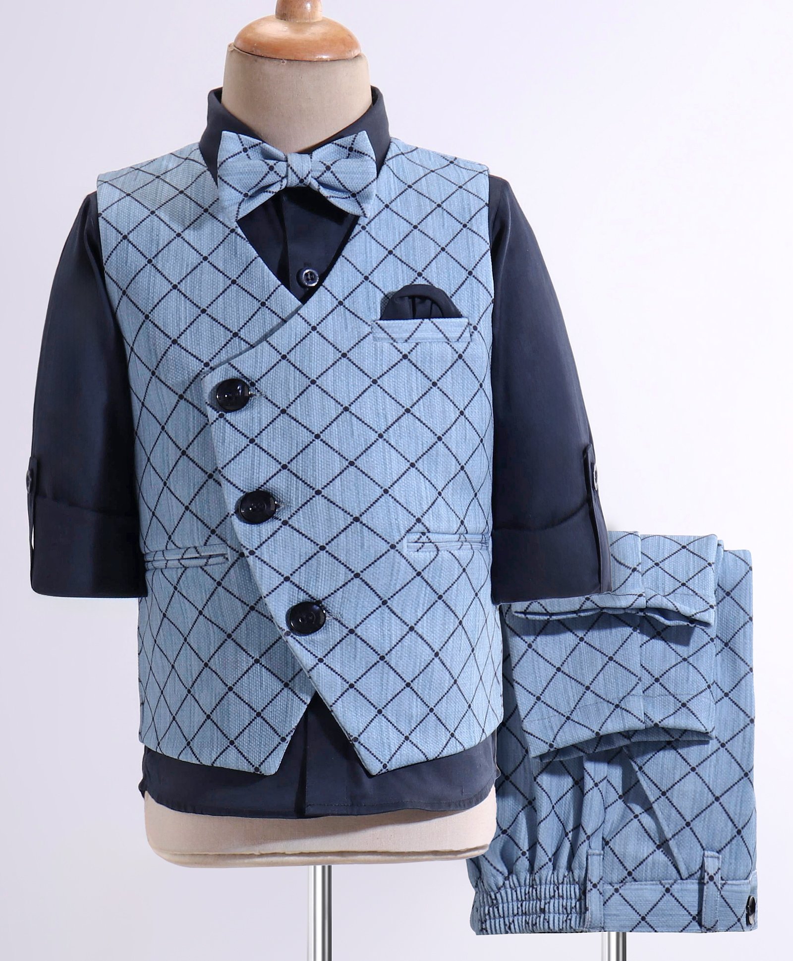 Robo Fry Cotton Woven Full Sleeves Checkered Party Suit with Bow & Waist Coat - Blue-picture-20