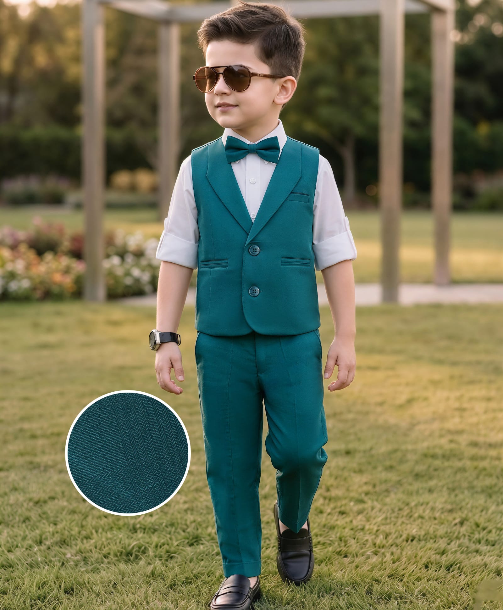 Robo Fry Cotton Woven Full Sleeves Party Suit with Bow & Waist Coat Solid Colour - Teal Blue-picture-18