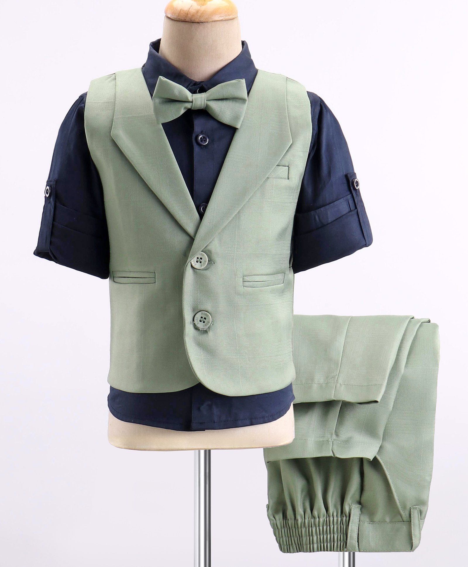 Robo Fry Cotton Woven Full Sleeves Party Suit with Bow & Waist Coat Solid Colour - Green-picture-11