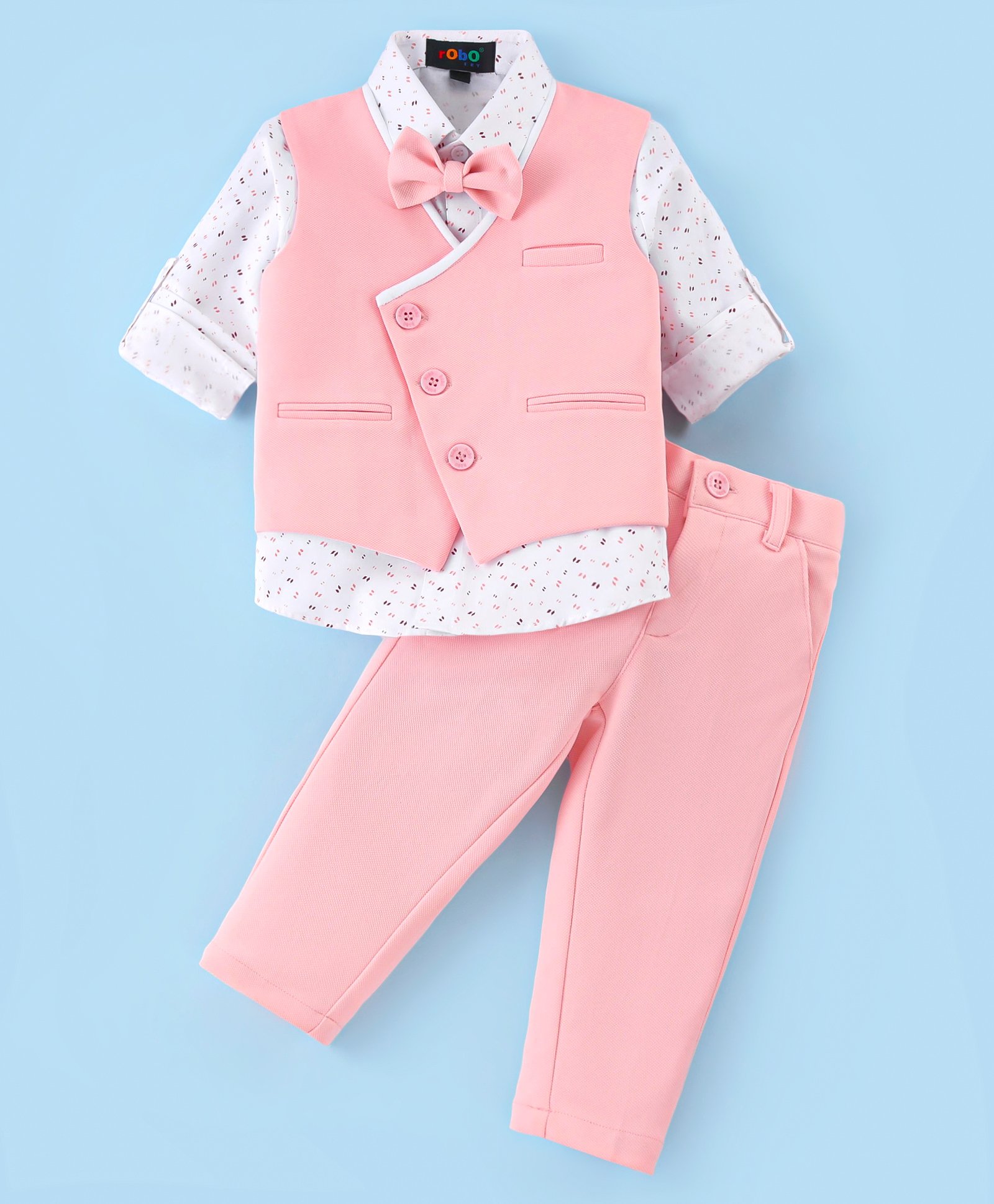 Robo Fry Cotton Knit Full Sleeves Printed 3 Piece Party Suit with Bow & Waist Coat - Pink-picture-22