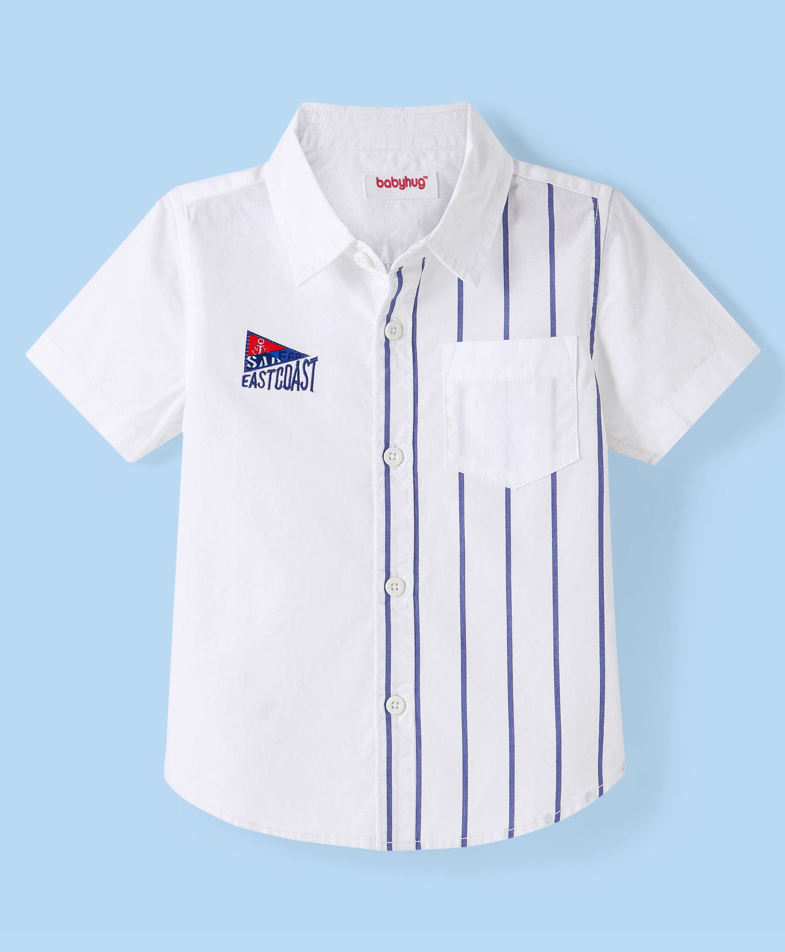 Babyhug Cotton Half Sleeve Striped Shirt with Text Embroidery - White & Blue-image-38