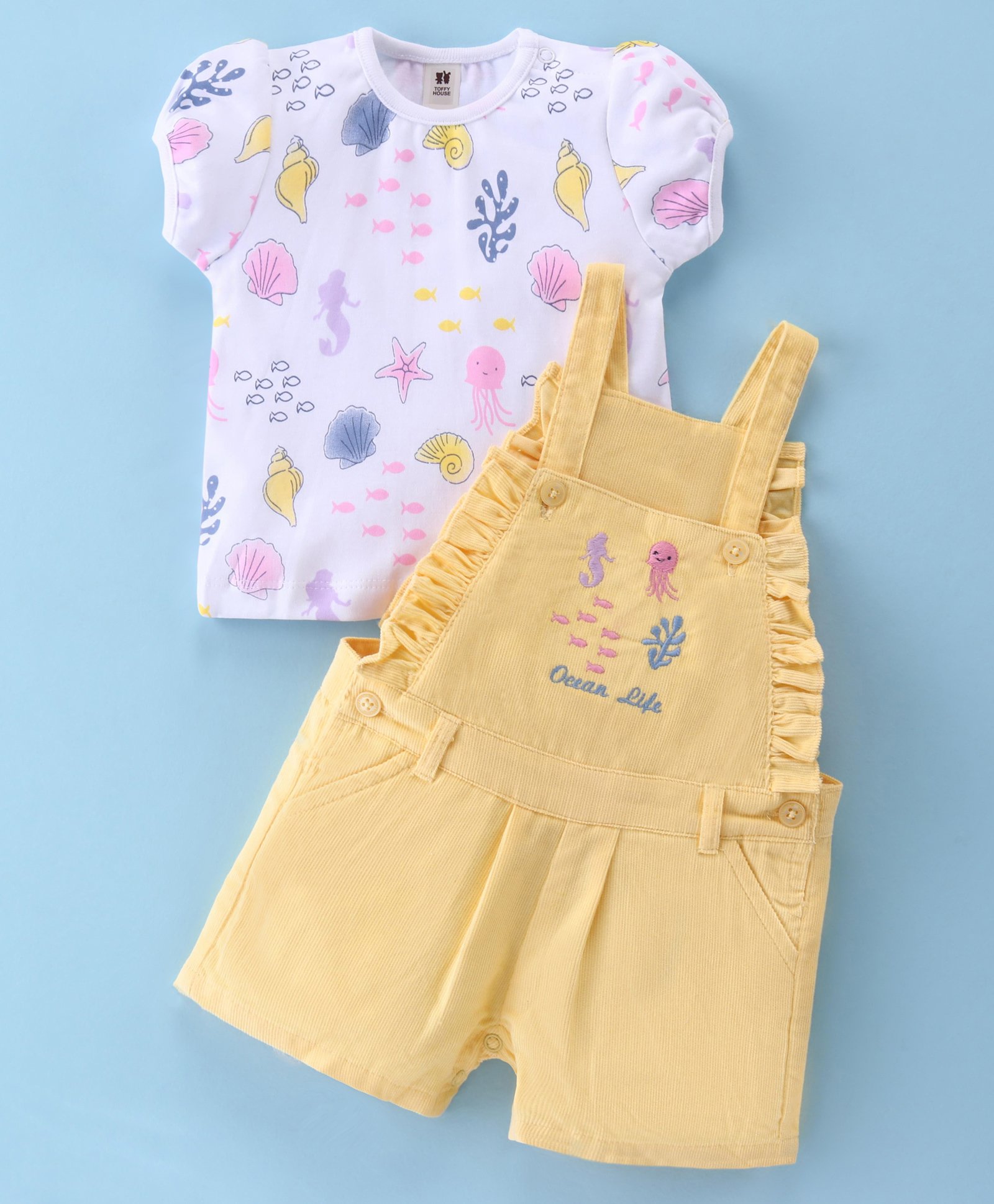 ToffyHouse Cotton Knit Dungarees & Half Sleeves Top Octopus Print & Embroidery - Lemon-image-8