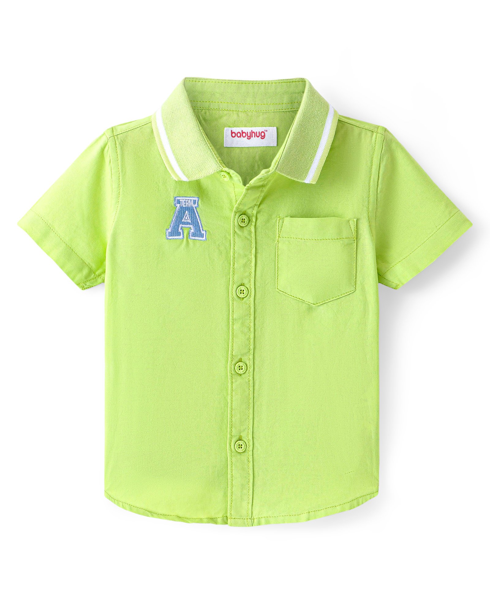 Babyhug Cotton Woven Half Sleeve Regular Rib Collar Solid Shirt with Applique- Green-image-29