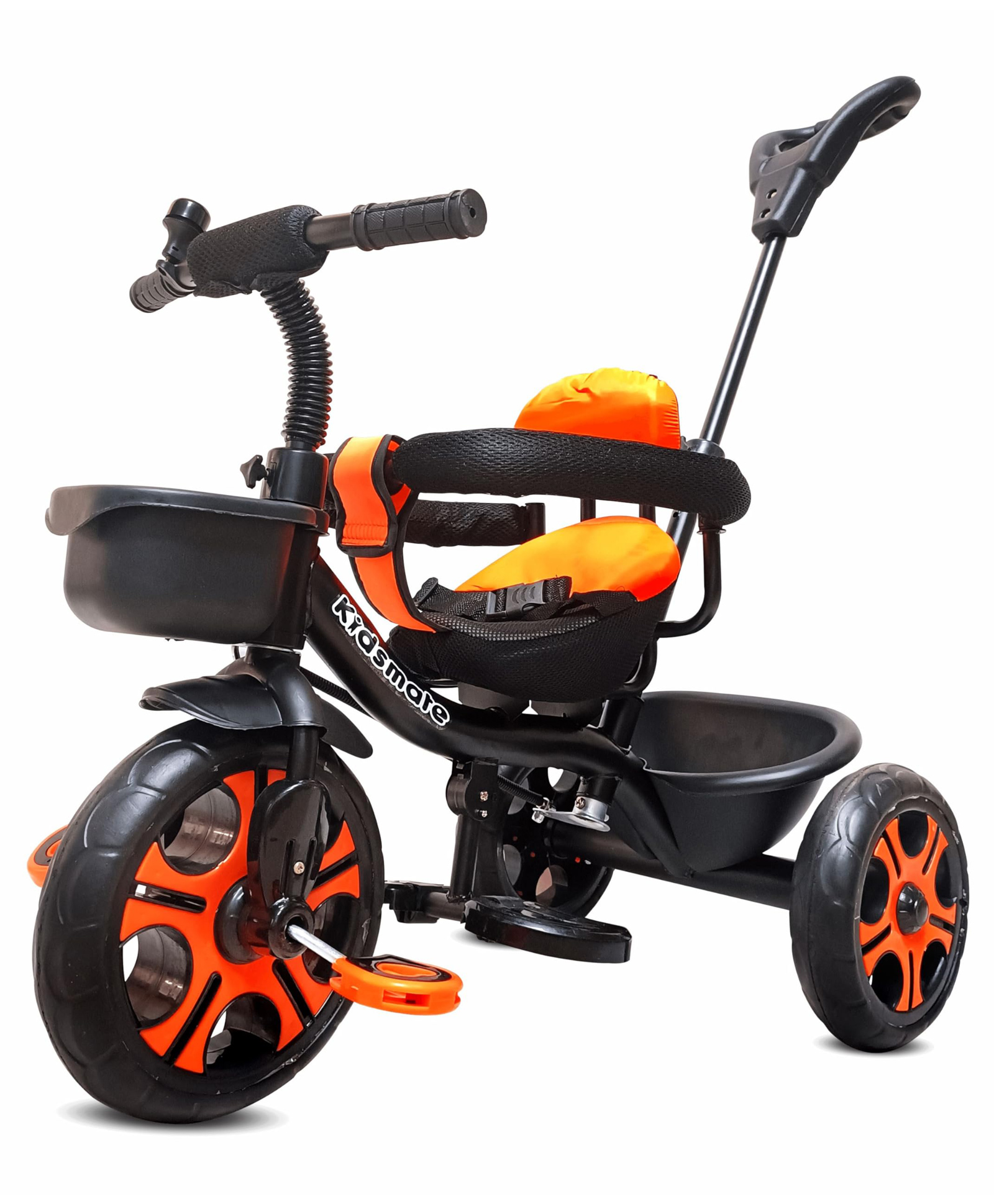 Kidsmate Thunder Plug N Play Kids Baby Tricycle with Safety Guard Rail and Parental Control Storage Basket Fabric Cushion Seat & Bell Boys Girls - Black & Orange-picture-21