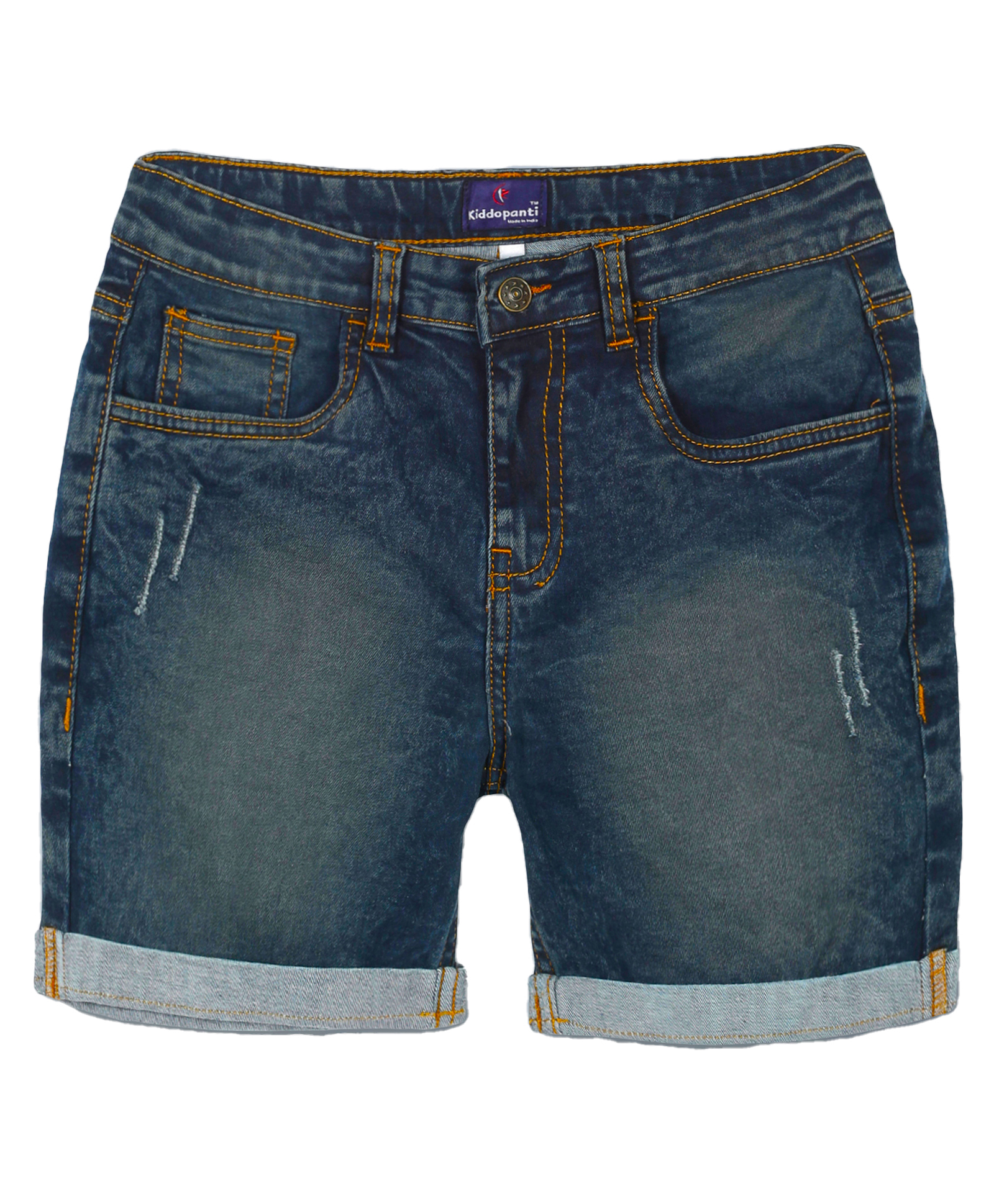 Kiddopanti Mild DistressedDenim Roll Up Shorts - Medium Rag Wash Blue-picture-22