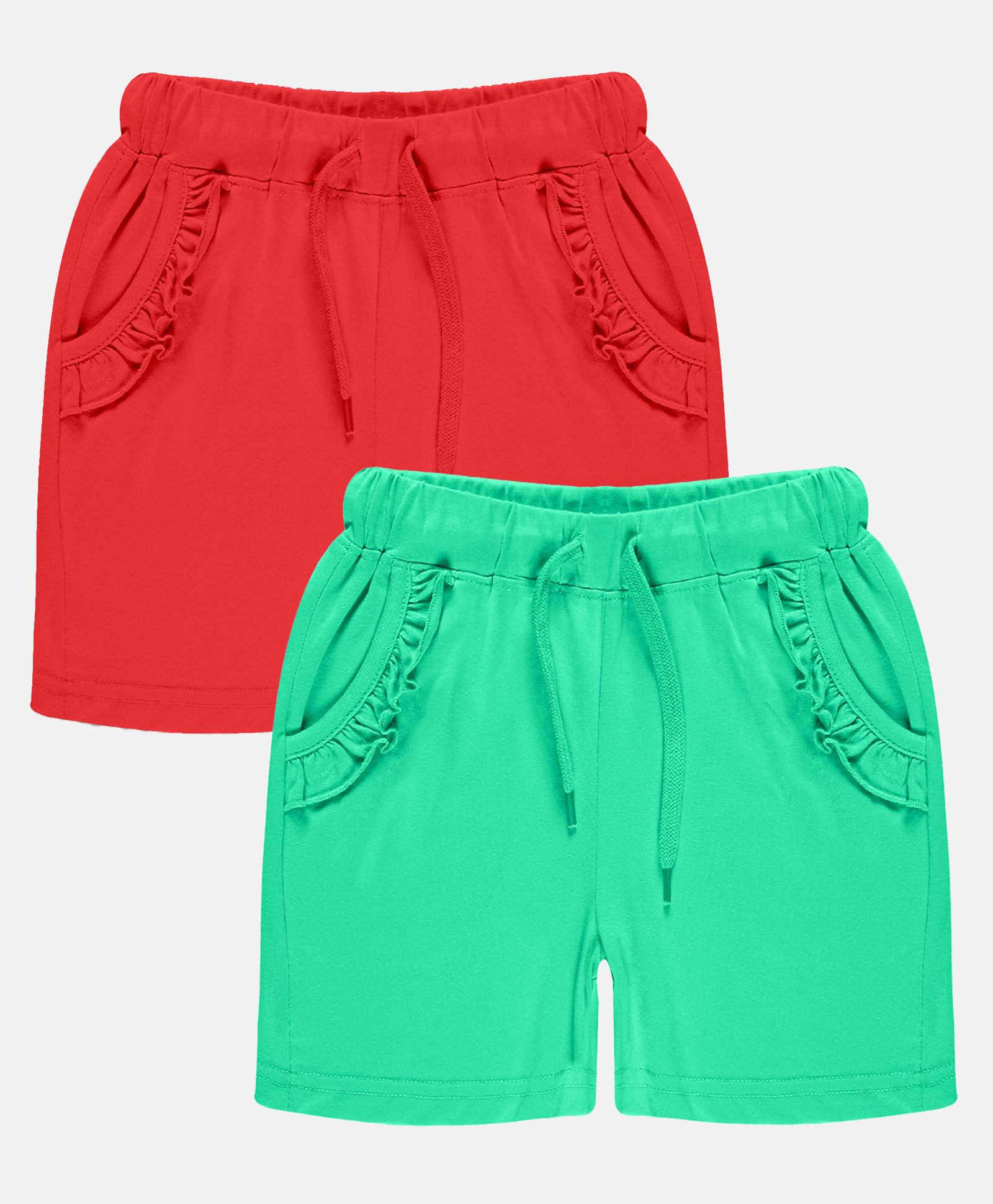Kiddopanti Pack Of 2  Frill Detailed Pocket Hot Shorts -  Red & Aqua Green-picture-18