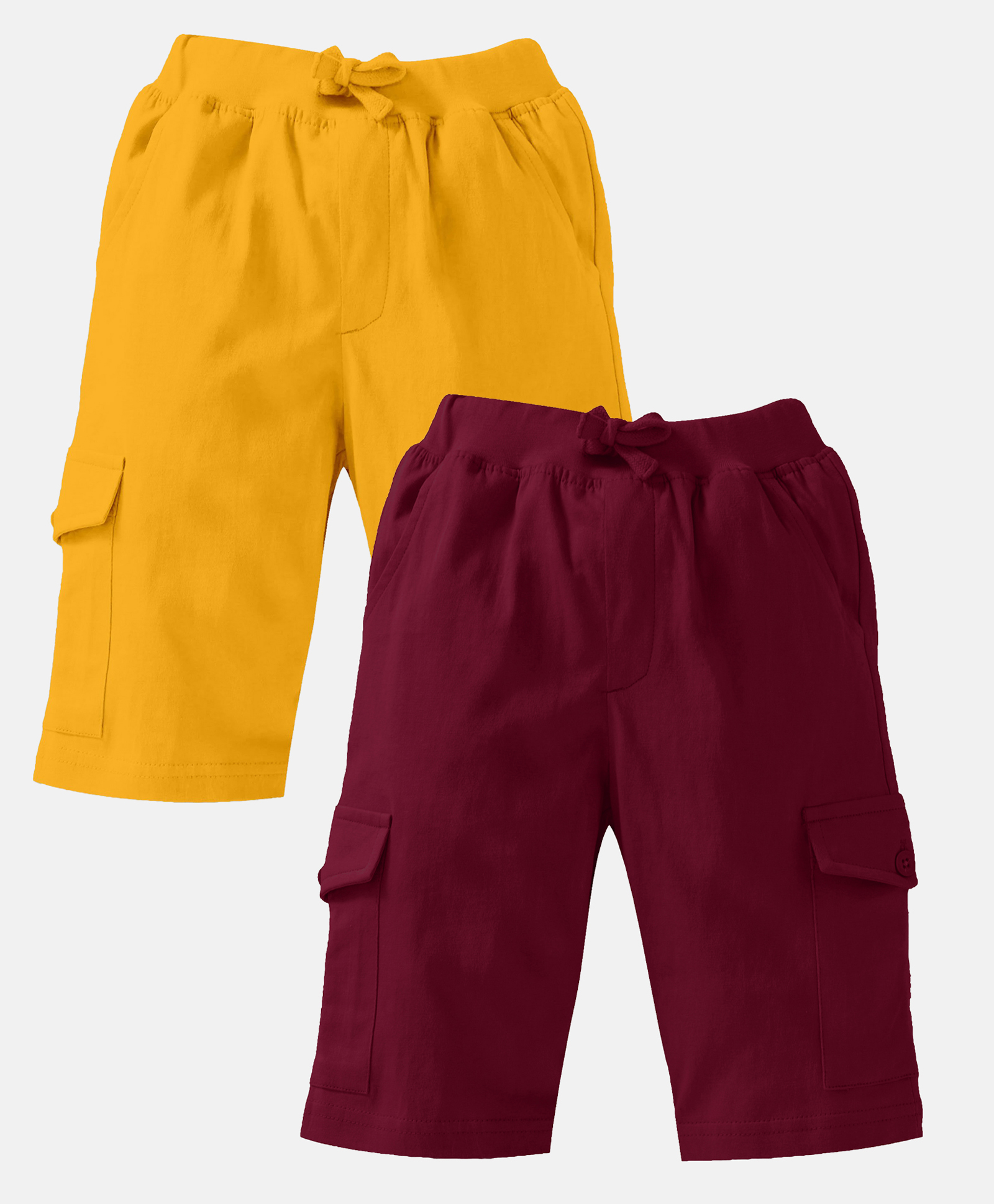 Kiddopanti Pack Of 2 Solid Knee Length Cargo Shorts - Mustard & Wine-picture-26