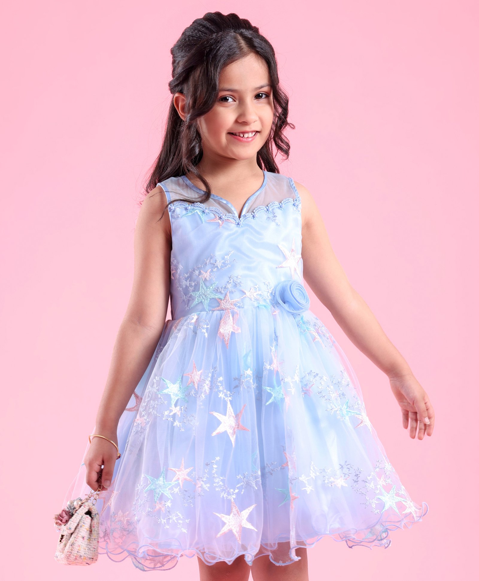 Mark & Mia Woven Sleeveless Party Frock with Star Embroidery & Lace Detailing & Floral Applique - Blue-image-20