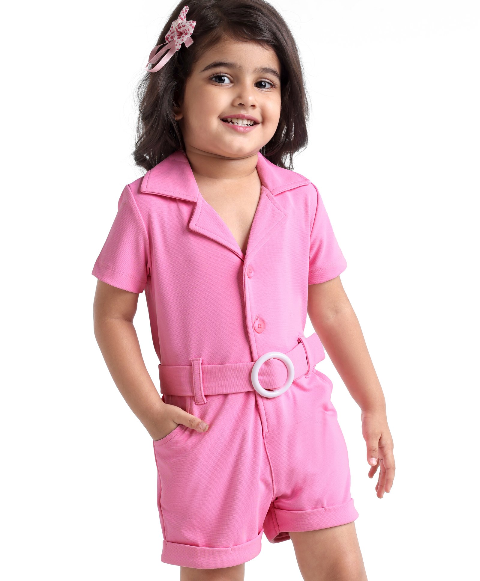 Babyhug Half Sleeves Party  Romper with Belt Solid Colour - Pink-image-7