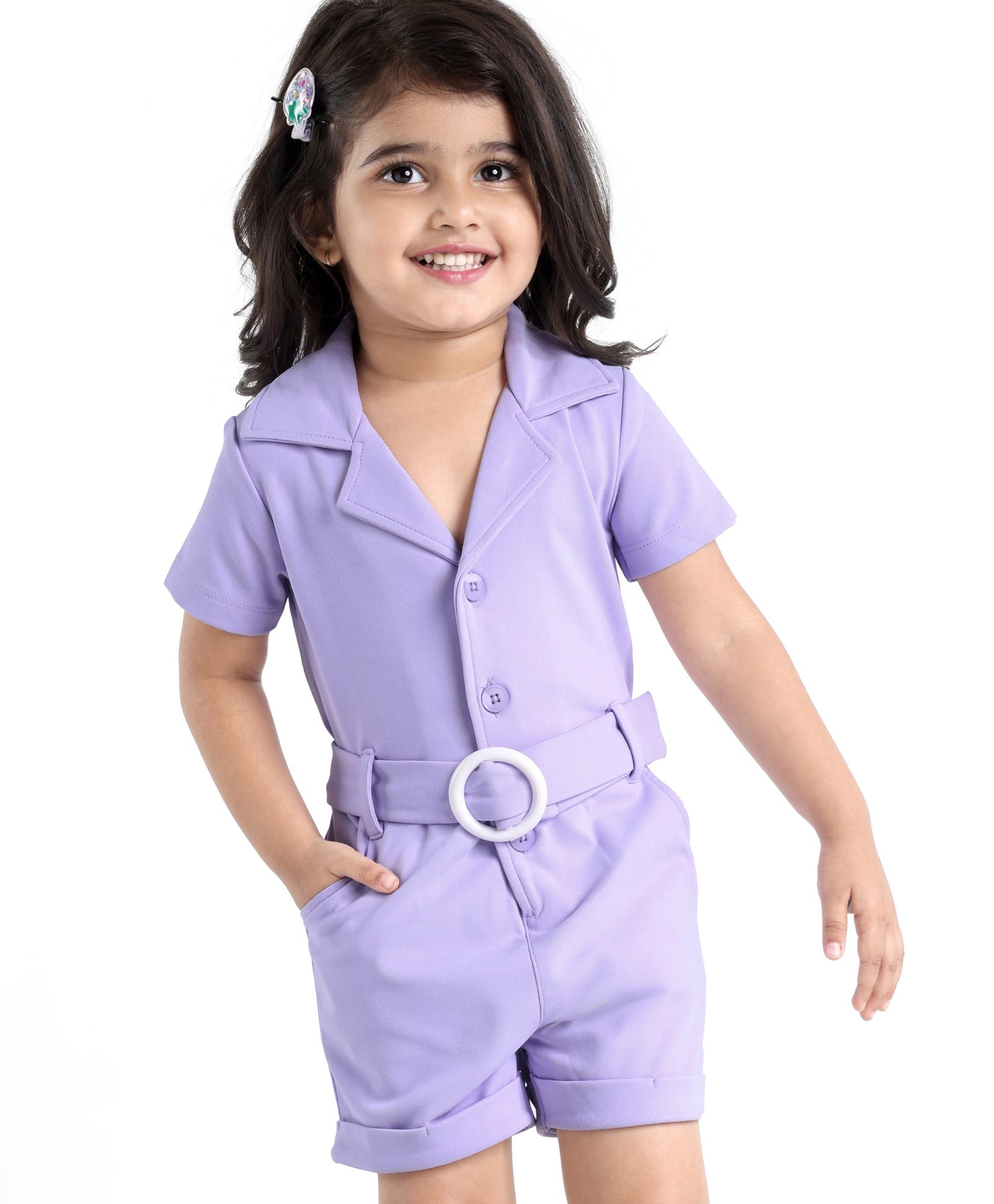 Babyhug Half Sleeves Party  Romper with Belt Solid Colour - Lavender-image-0