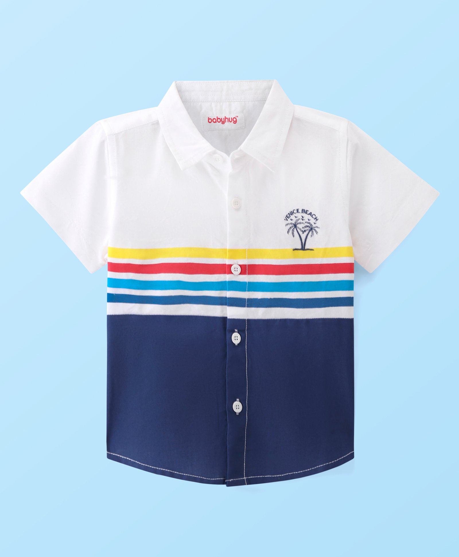 Babyhug Cotton Woven Half Sleeves Solid Color Shirt - White & Navy Blue-image-3