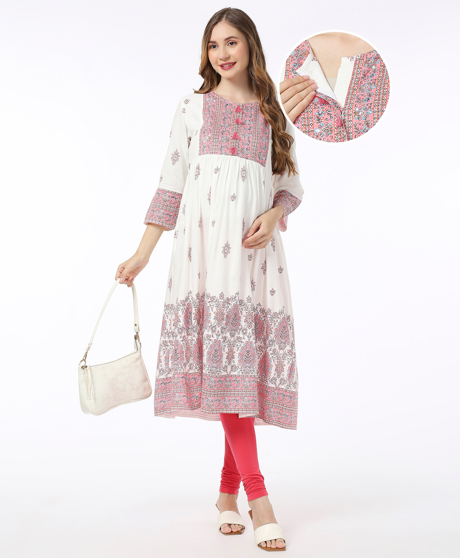 Bella Mama Woven Three Fourth Sleeves Highlighted Yoke Maternity Kurta With Floral Print - Off White-picture-34