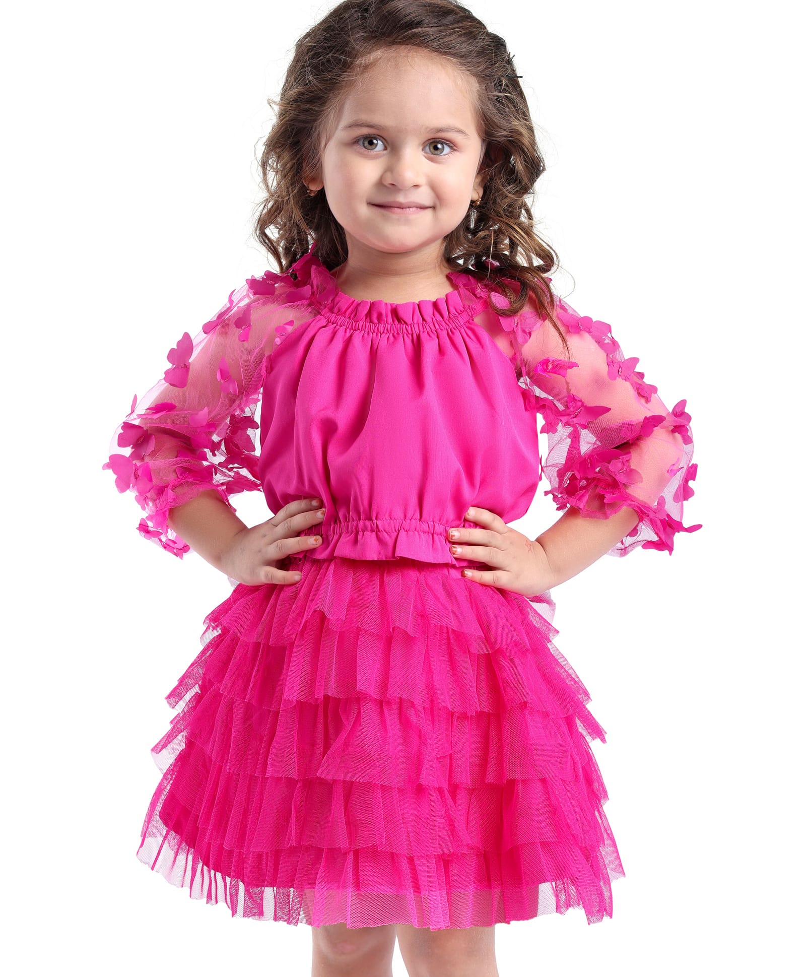 Babyhug Woven Full Sleeves Top & Layered Skirt Set with Butterfly Applique - Fuschia-image-45