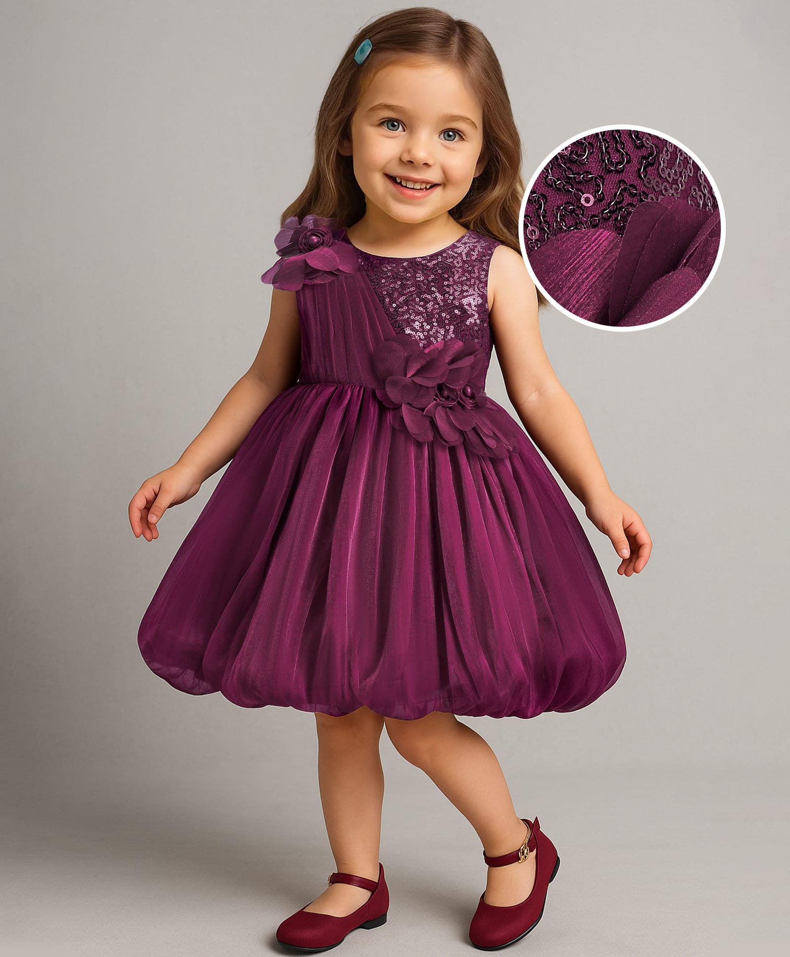 Babyhug Woven Sleeveless Fit and Flare Balloon Party Dress with Floral Corsage & Sequins Detailing  - Aubergine-picture-17