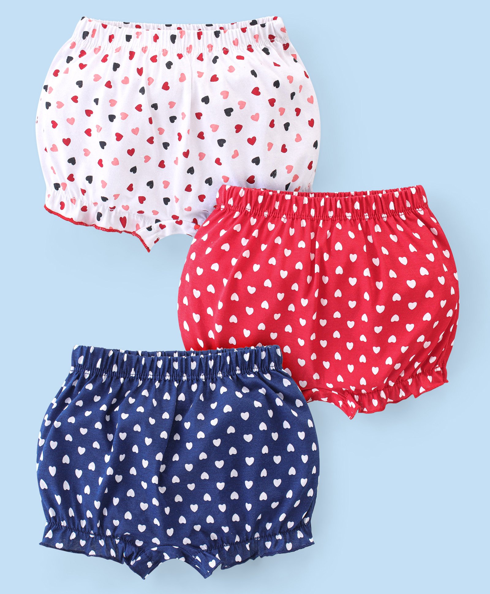 Babyhug 100% Cotton Knit Heart Printed Bloomers Pack of 3 - Multicolour