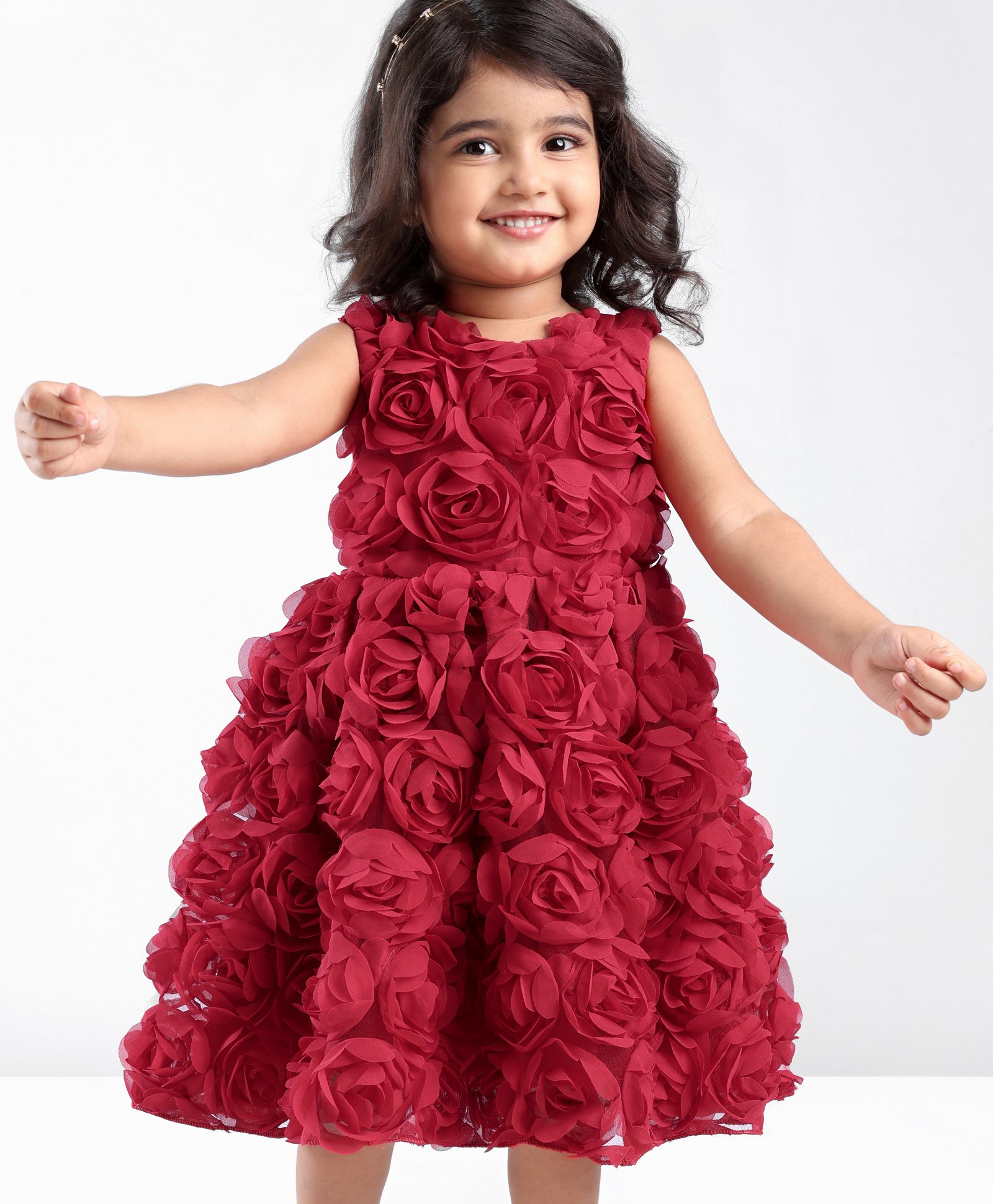 Babyhug Woven Sleeveless Fit and Flare Party Dress with 3D Flowers Applique - Red-picture-15