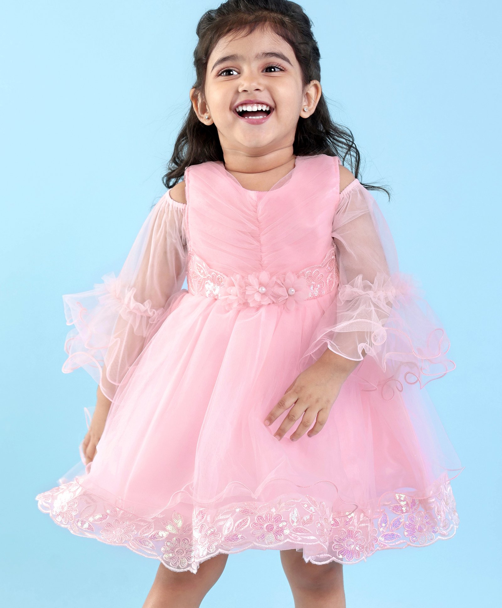 Babyhug Cold Shoulder Sleeve Fit and Flare Frilled Dress Floral Sequin & Corsage -Pink-image-19