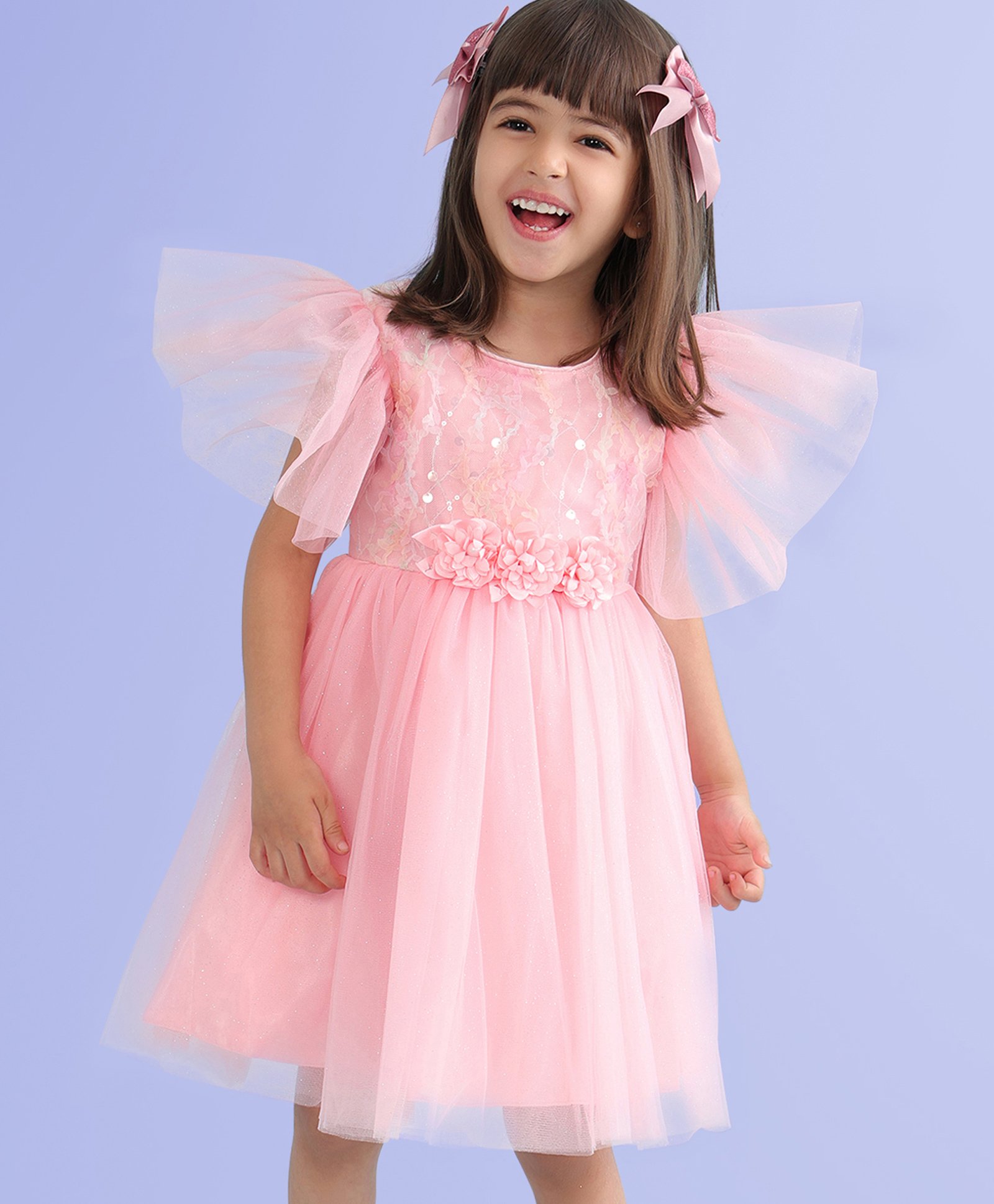 Babyhug Woven Sleeveless Fit and Flare Party Dress with Floral Corsage & Embellish - Pink-image-5
