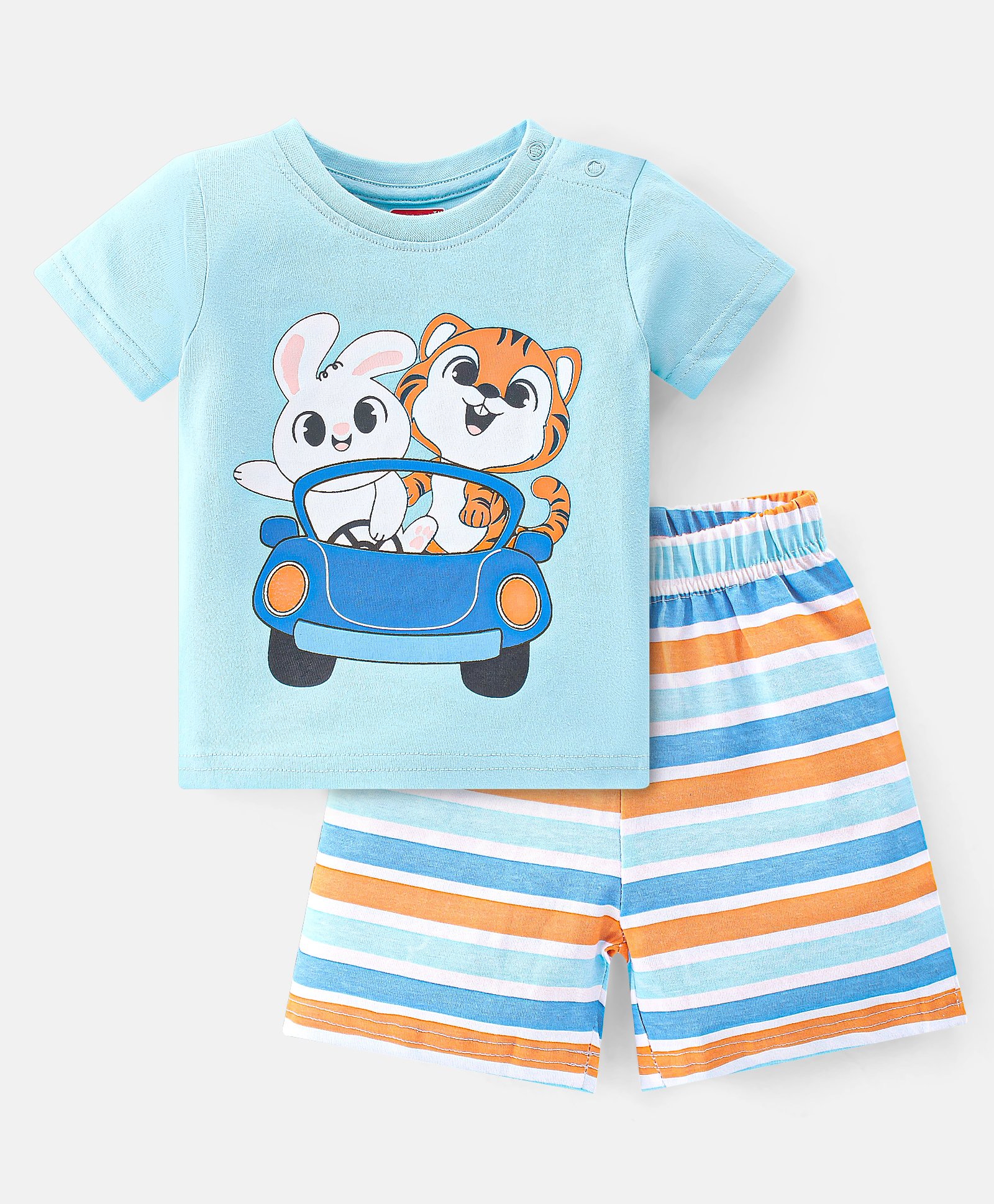 Babyhug Single Jersey Knit Half Sleeves Short Set Striped Bunny & Tiger Print - Blue-image-28