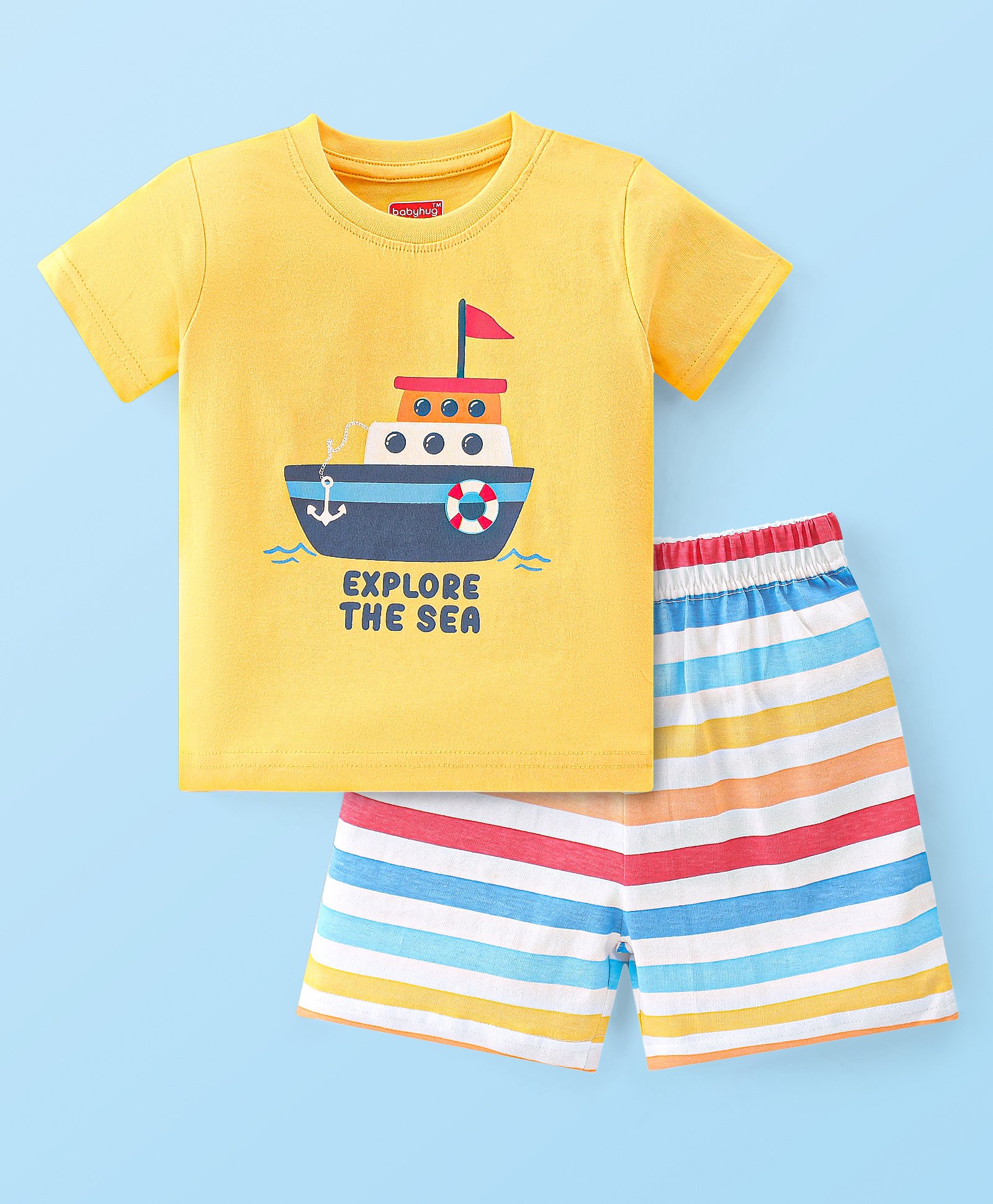 Babyhug Single Jersey Knit Half Sleeves Short Set Striped & Boat Print - Yellow-image-15