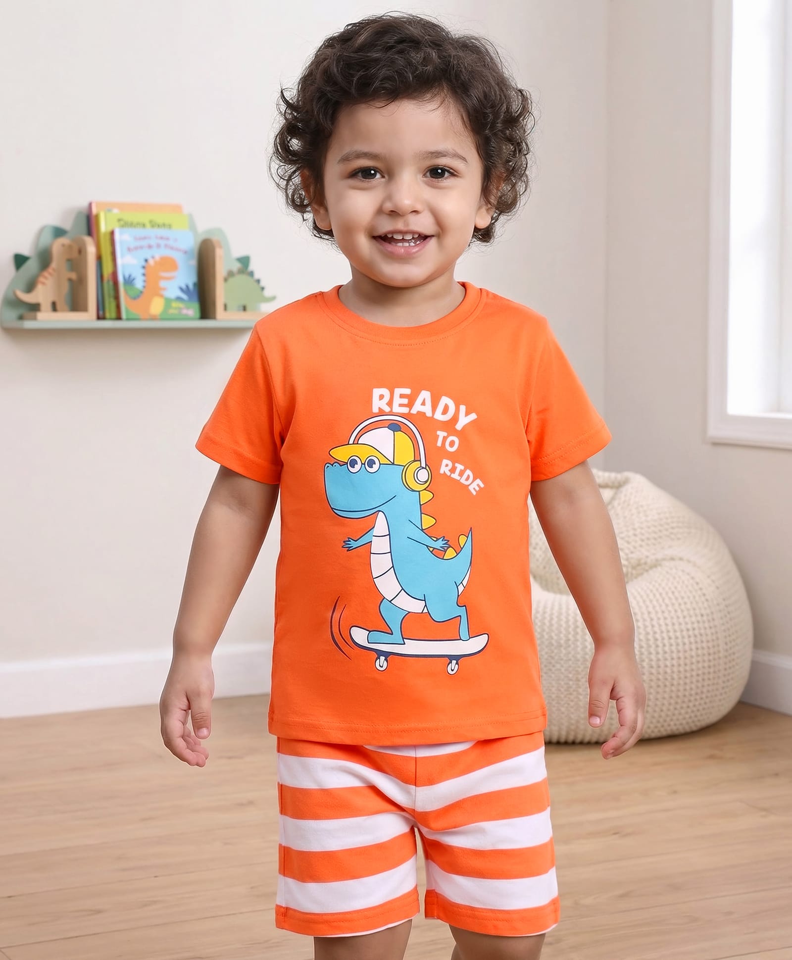 Babyhug Single Jersey Knit Half Sleeves Short Set Striped & Dino Print - Orange-image-45