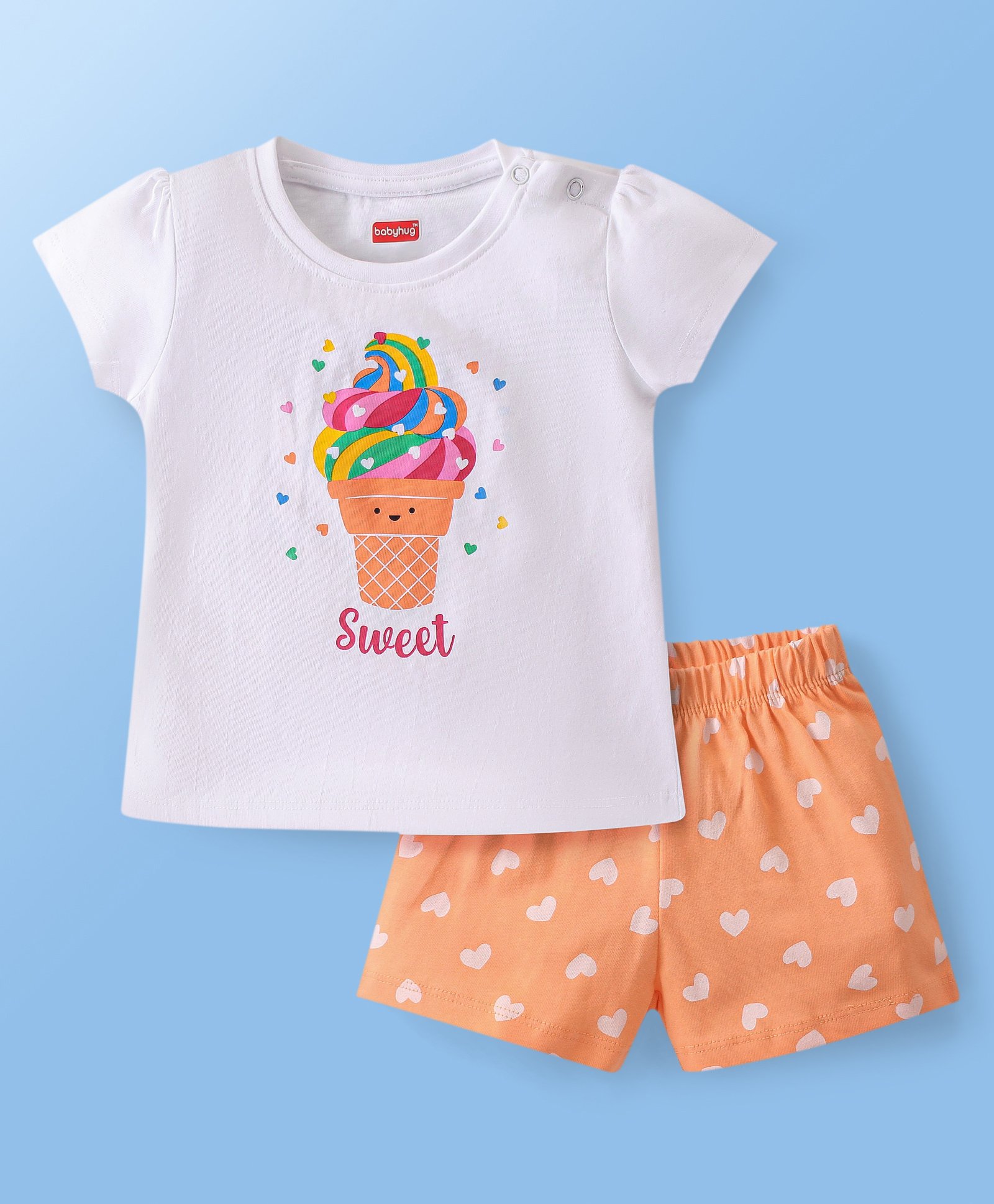 Babyhug Single Jersey Cotton Knit Ice Cream Printed Night Suit - White & Orange-picture-13