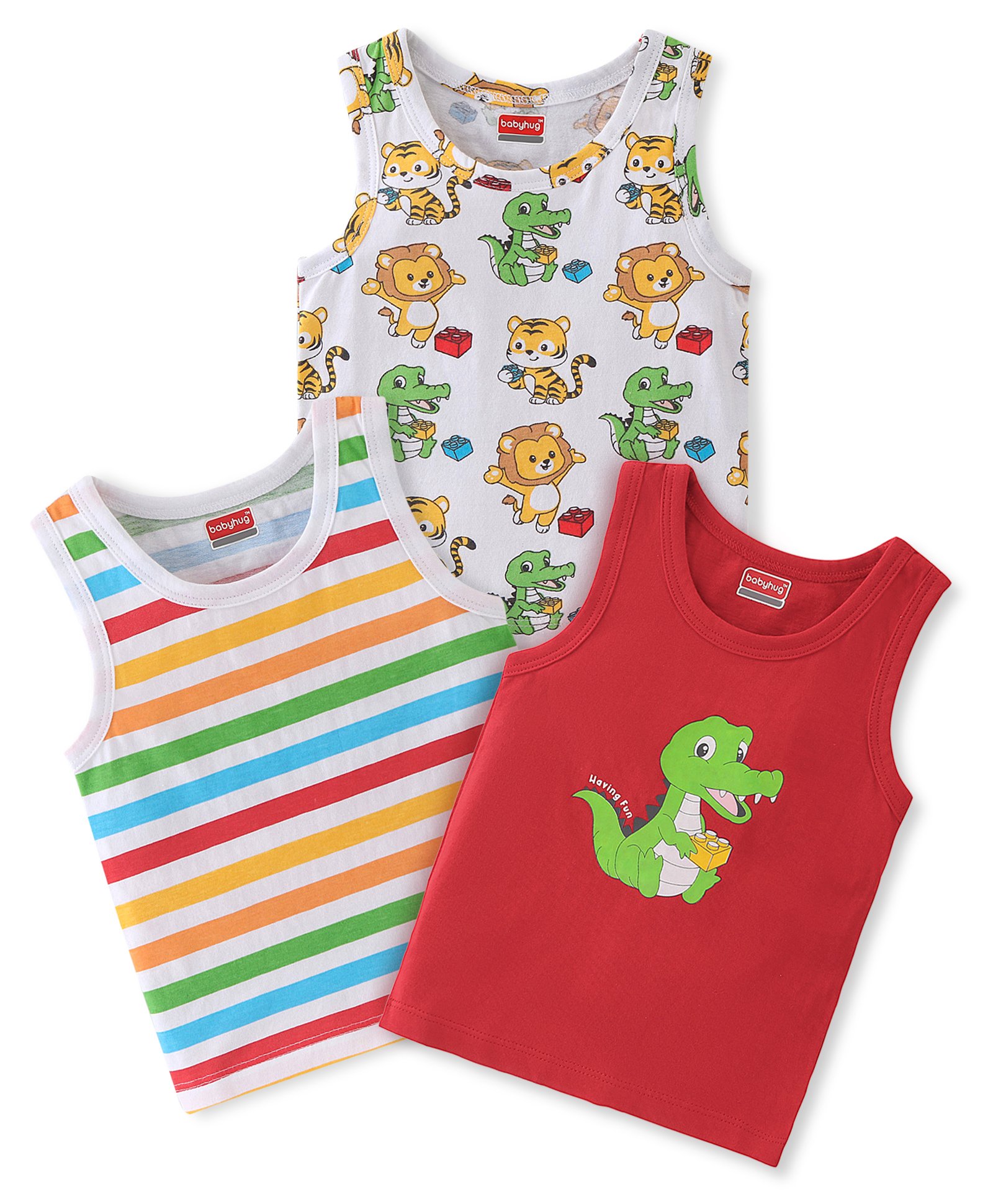 Babyhug 100% Cotton Knit Sleeveless Striped & Lion Print Sando Pack of 3 - Multicolour-image-5