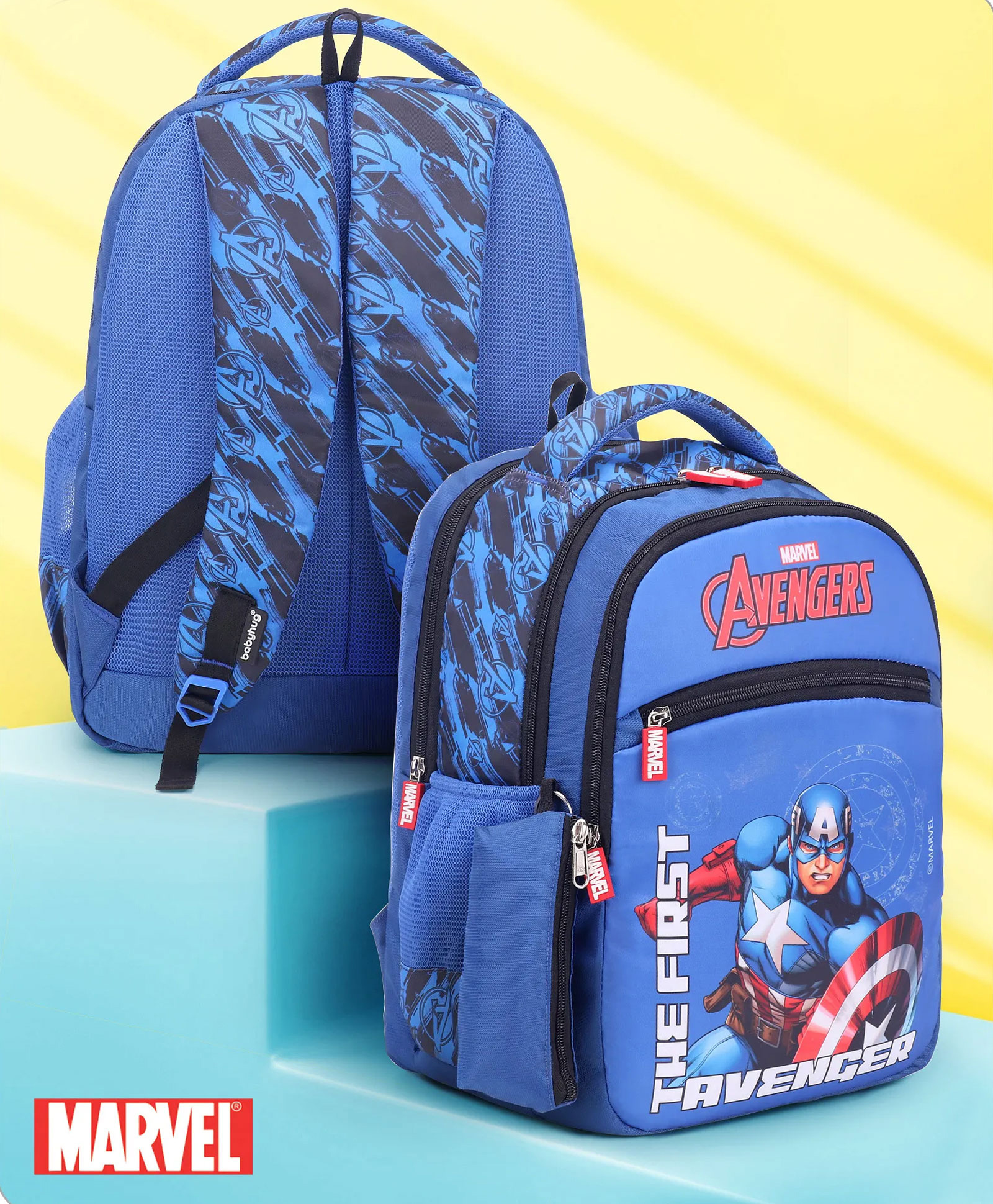 Babyhug Marvel Avengers Captain America School Backpack with Pencil Pouch Blue - 16 Inches
