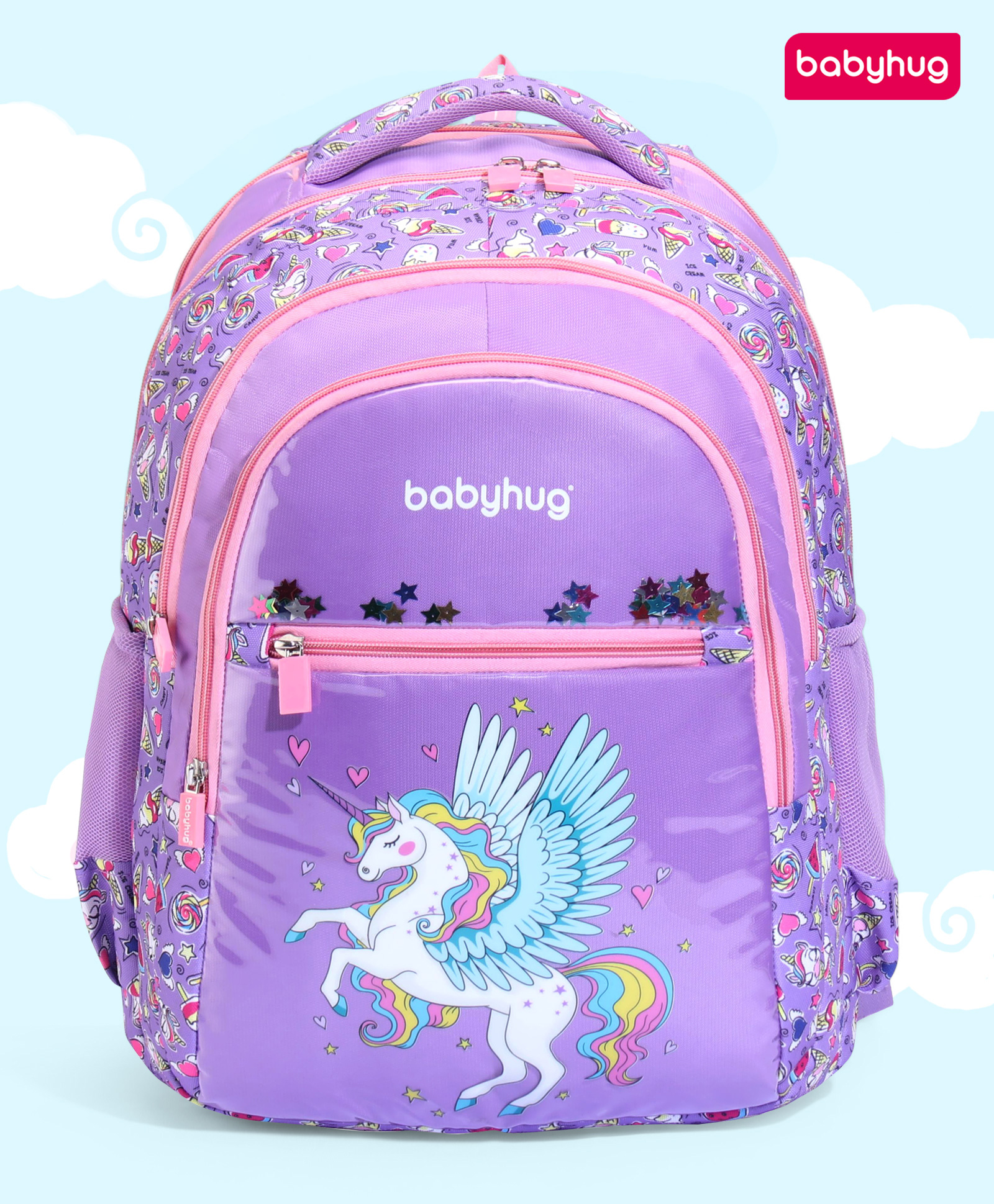 Babyhug Unicorn Print Spacious Backpack Lavender - 18 Inches-image-49