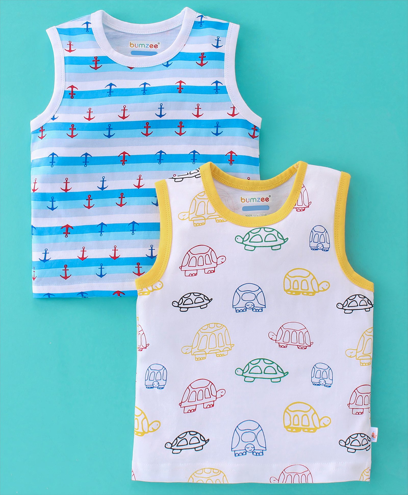 BUMZEE Pack Of 2 Sleeveless Anchor & Tortoise Printed Vests - Blue & White-picture-35