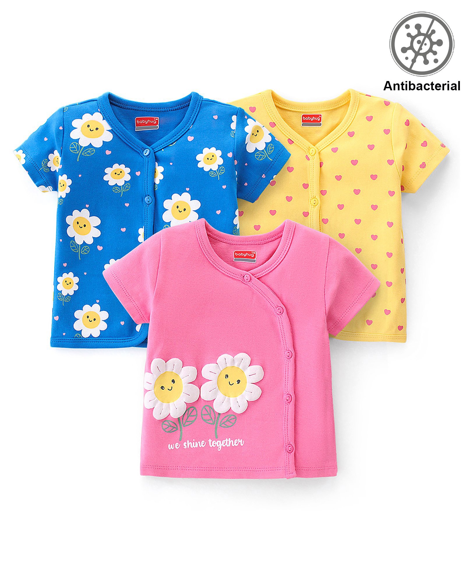 Babyhug 100% Cotton Knit Half Sleeves  Anti Bacterial Front Open Set of  Vests Floral Print Pack of 3 - Multicolour-image-10