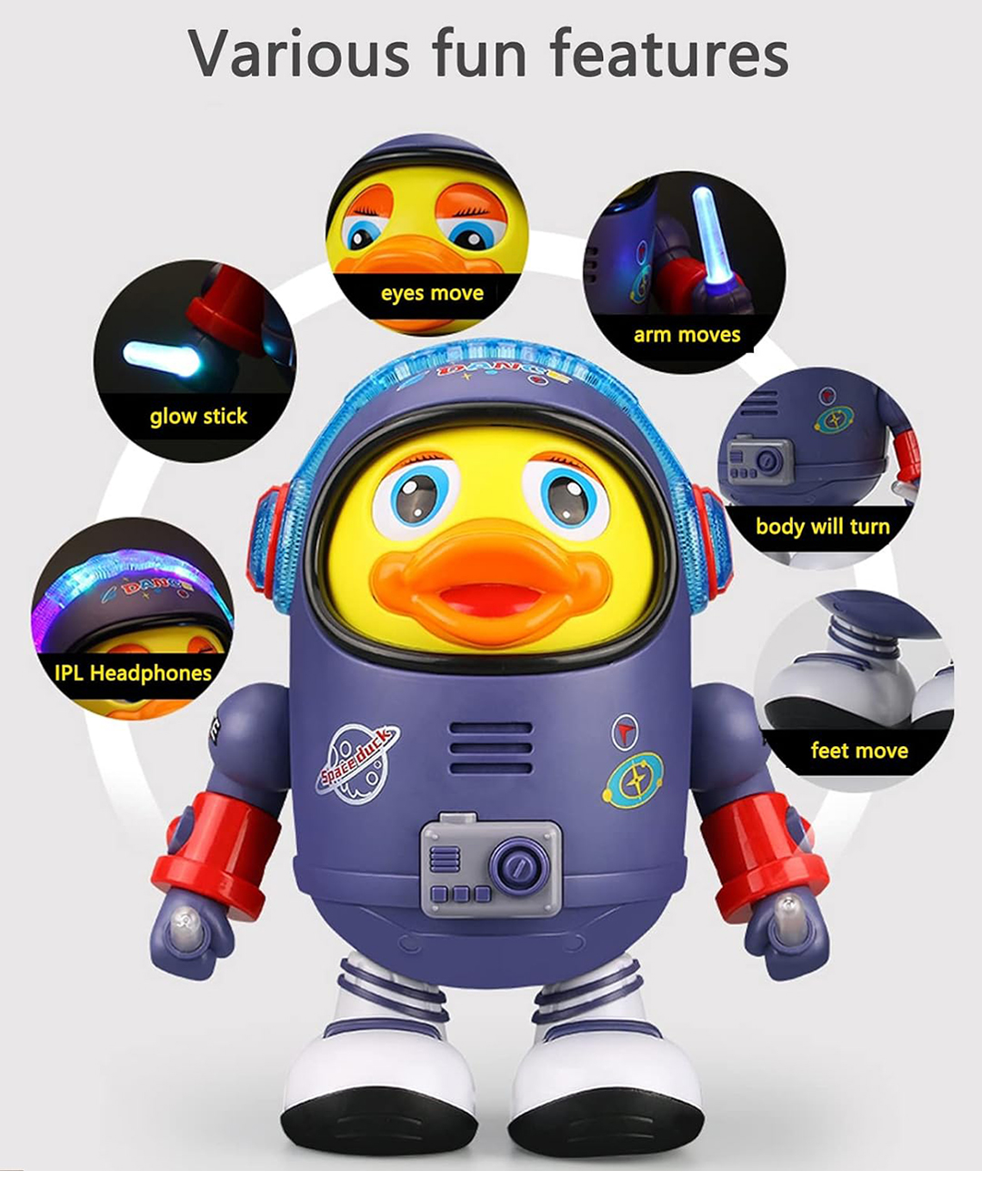 AKN TOYS Dancing Space Duck Toy Battery Operated Toy Figure with Lights and Sounds Space Elements Designed Dancing Robot - Blue-picture-35